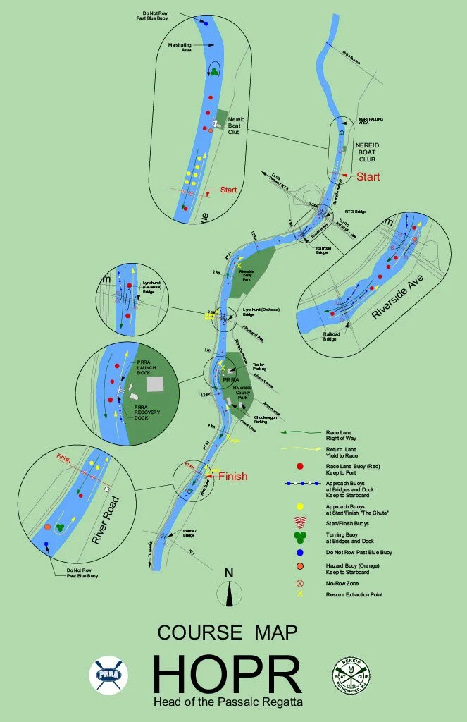 Map of waterway course for the Head of the Passaic Regatta including start and finish points, race lanes, buoys, bridges, and landmarks along the river.