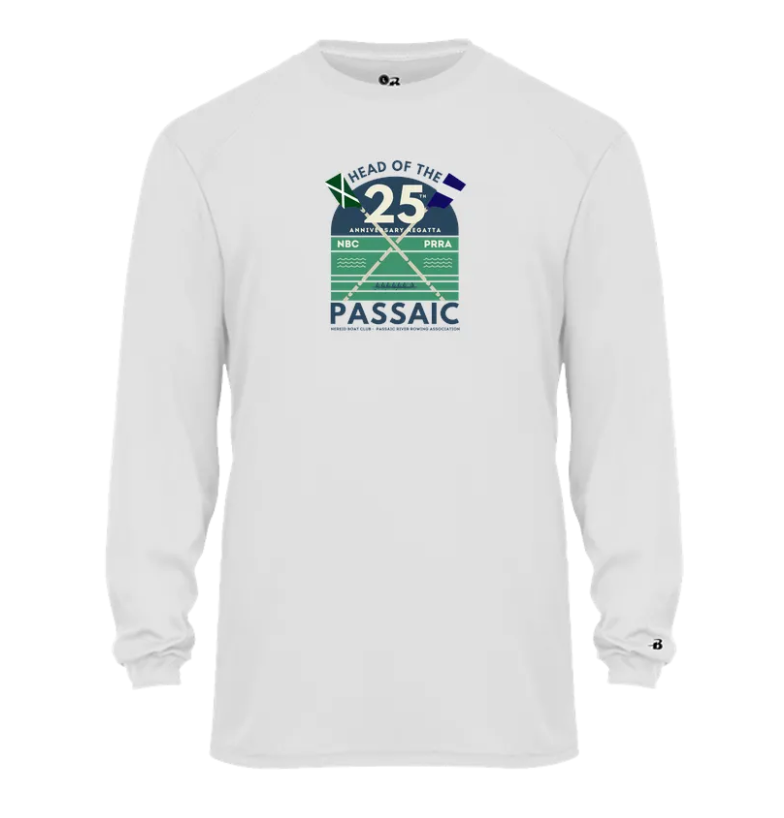 White long-sleeve athletic shirt with a logo celebrating the 25th anniversary of the Head of the Passaic rowing event, featuring crossed oars and a flag.