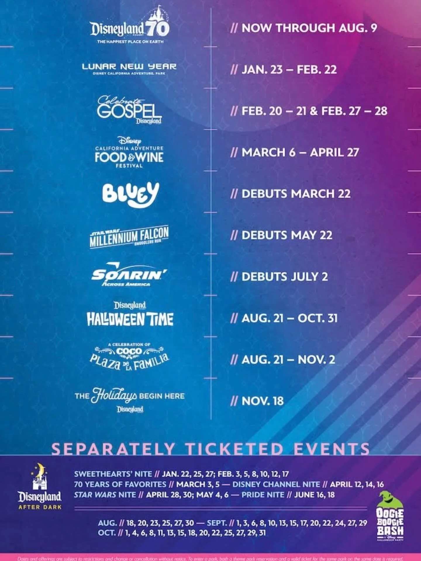 ✨ The magic continues our 2026 calendar for Disneyland Parks is here!

✨ Let&rsquo;s start counting down to an epic year at Disneyland:

📅 March 22 &mdash; Bluey makes her grand debut
🚀 May 22 &mdash; Millennium Falcon gets thrilling updates
👻 Aug