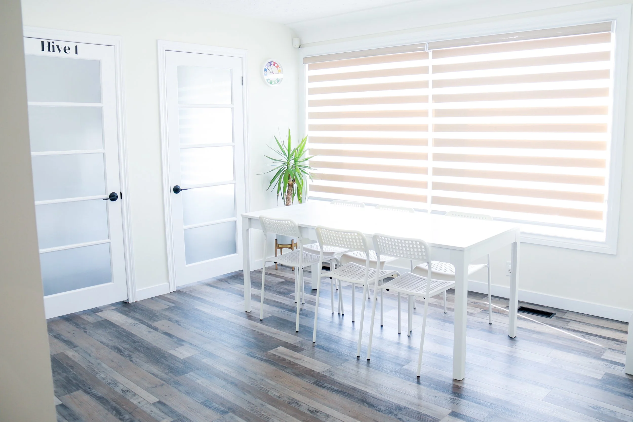 Bright room with white table, six white chairs, large window with striped blinds, two white doors labeled 'Hive 1,' green plant, and wood flooring.