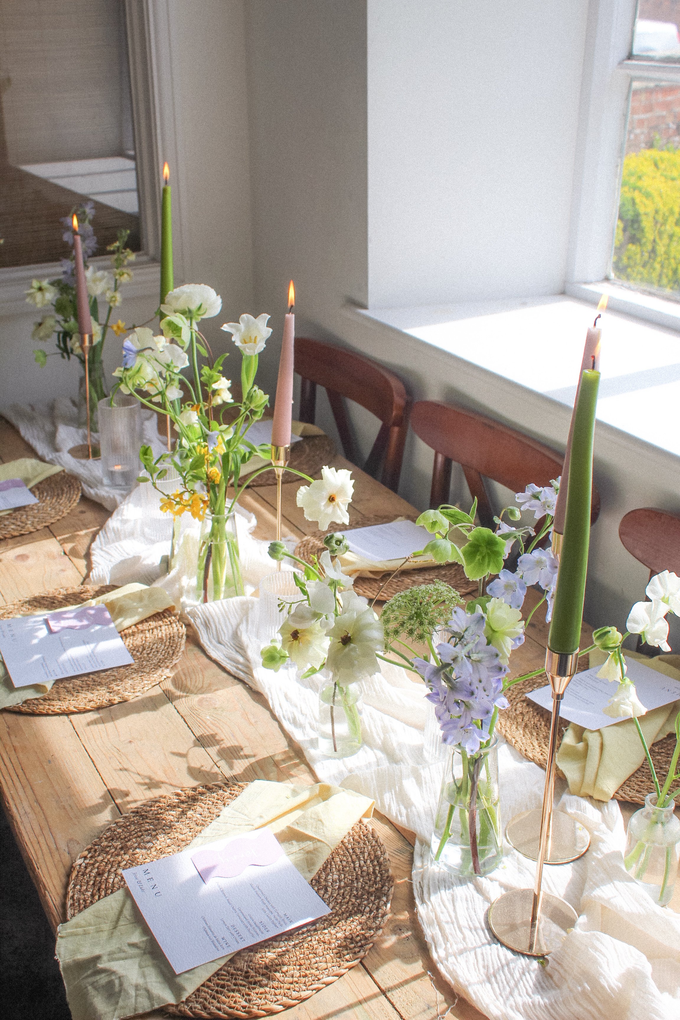 blue, yellow and white bud vases
