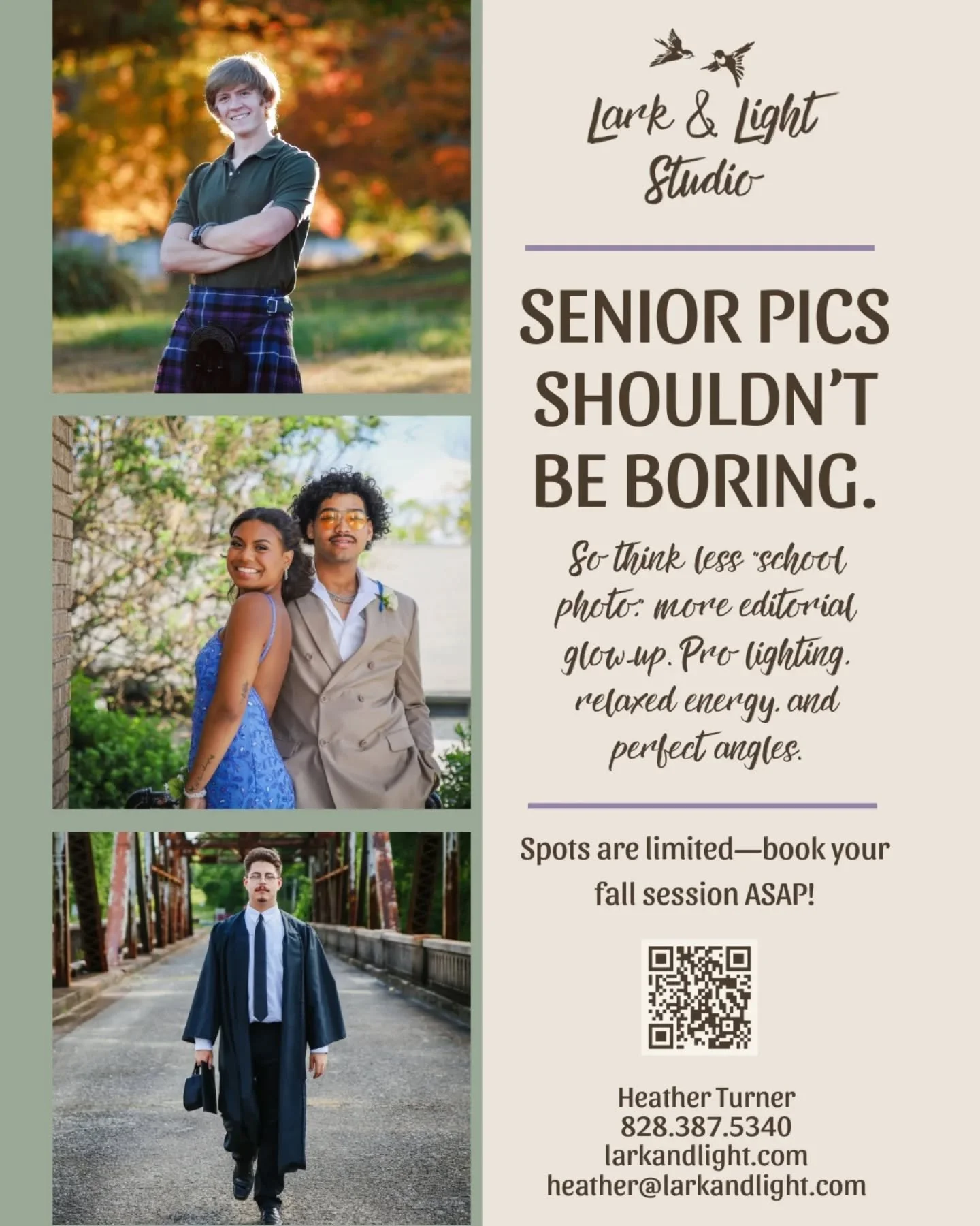 🍁 Fall is the golden hour of the year for senior pics 🍁

The colors are perfect! The air is crisp. The light? Absolute magic. 

Forget awkward portraits. I&rsquo;m talking editorial glow-up, pro lighting, relaxed vibes, and angles that actually fla