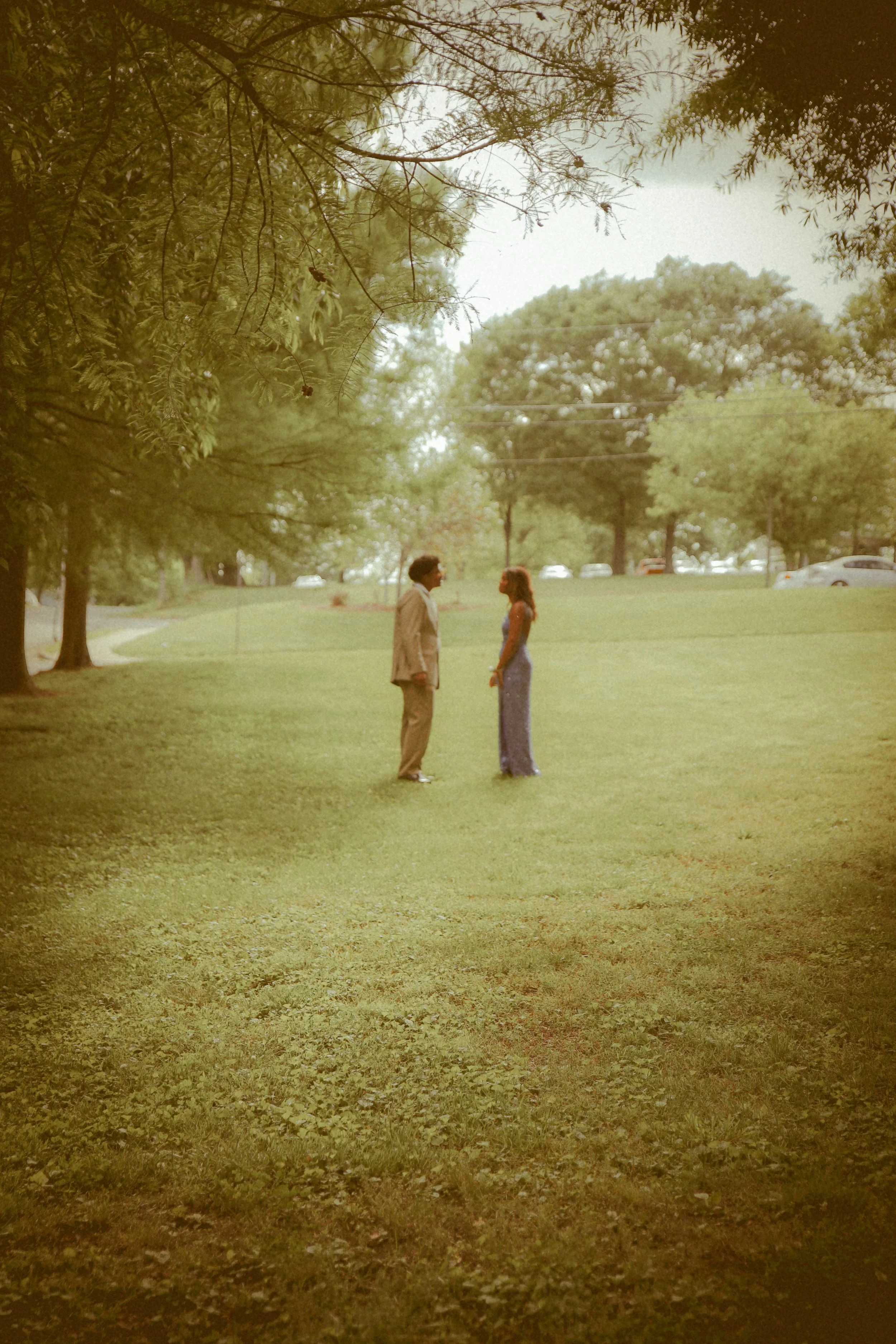 A man and woman are standing face-to-face on a grassy field in a park, surrounded by trees with a few cars visible in the background.