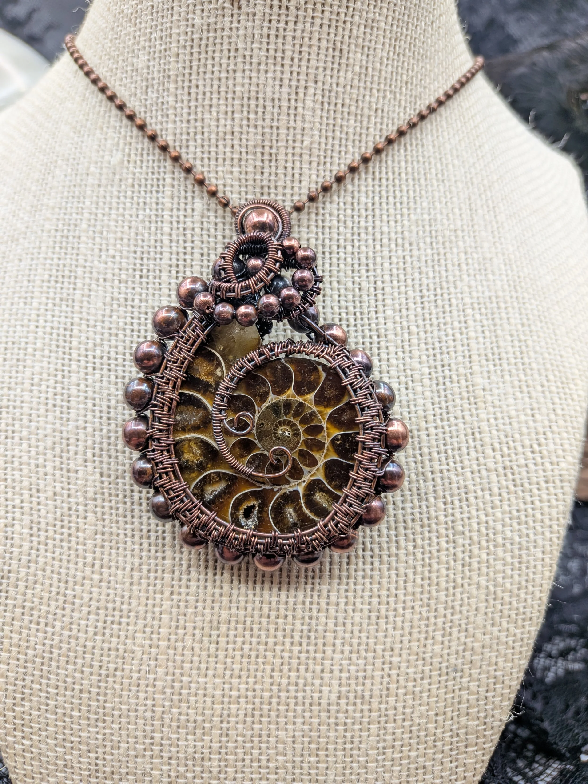 Valentines Day Ammonite Fossil Gemstone Solid Copper Wire Wrap Pendant Necklace Jewellery Boho