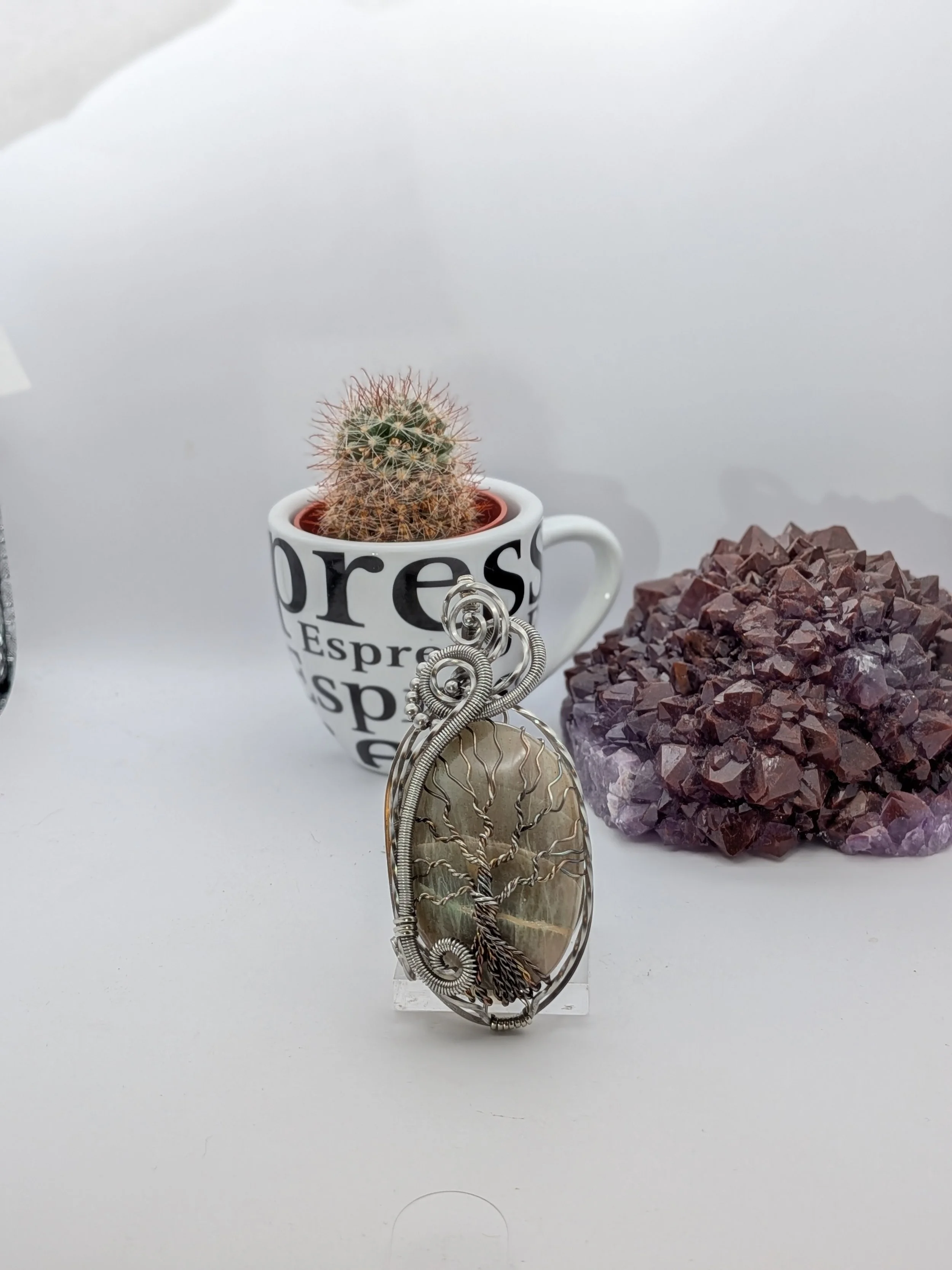 Green Moonstone Tree of Life Stainless Steel Wire Wrap Pendant Necklace Jewelry Boho