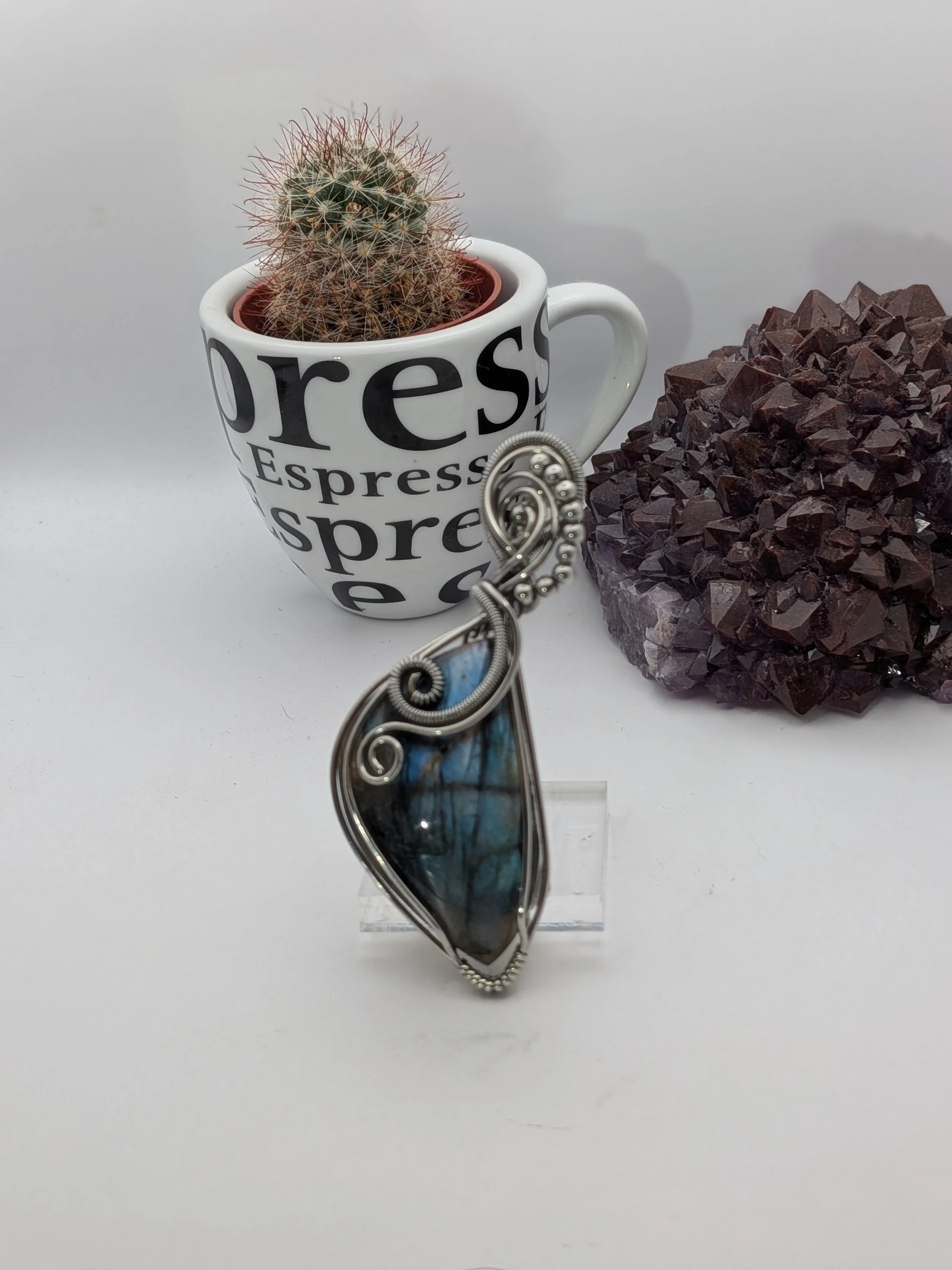 Angel Wing Blue Labradorite Stainless Steel Wire Wrap Pendant Necklace Jewellery Boho