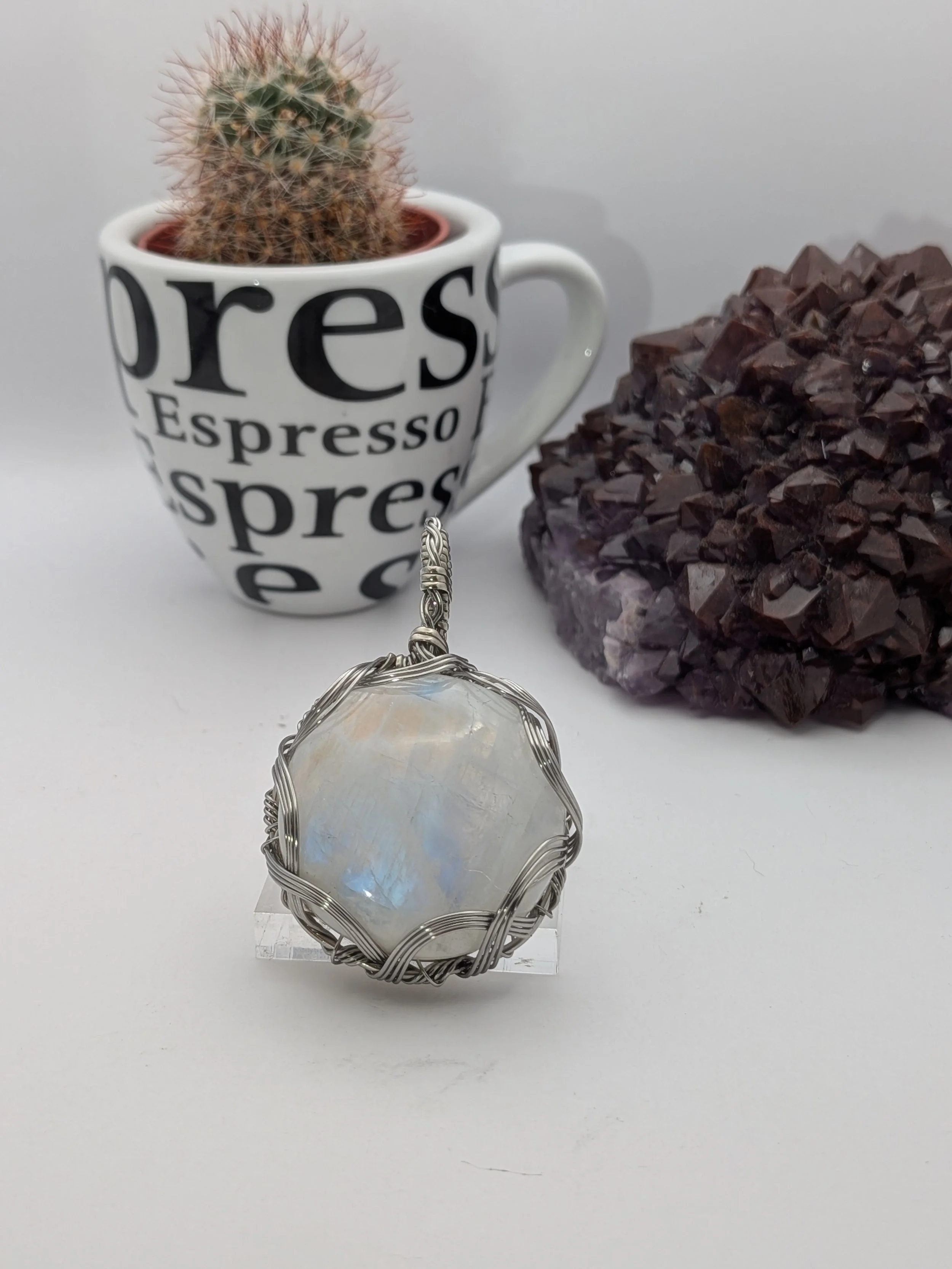 Rainbow Moonstone Stainless Steel Wire Wrap Pendant Necklace Jewelry Boho