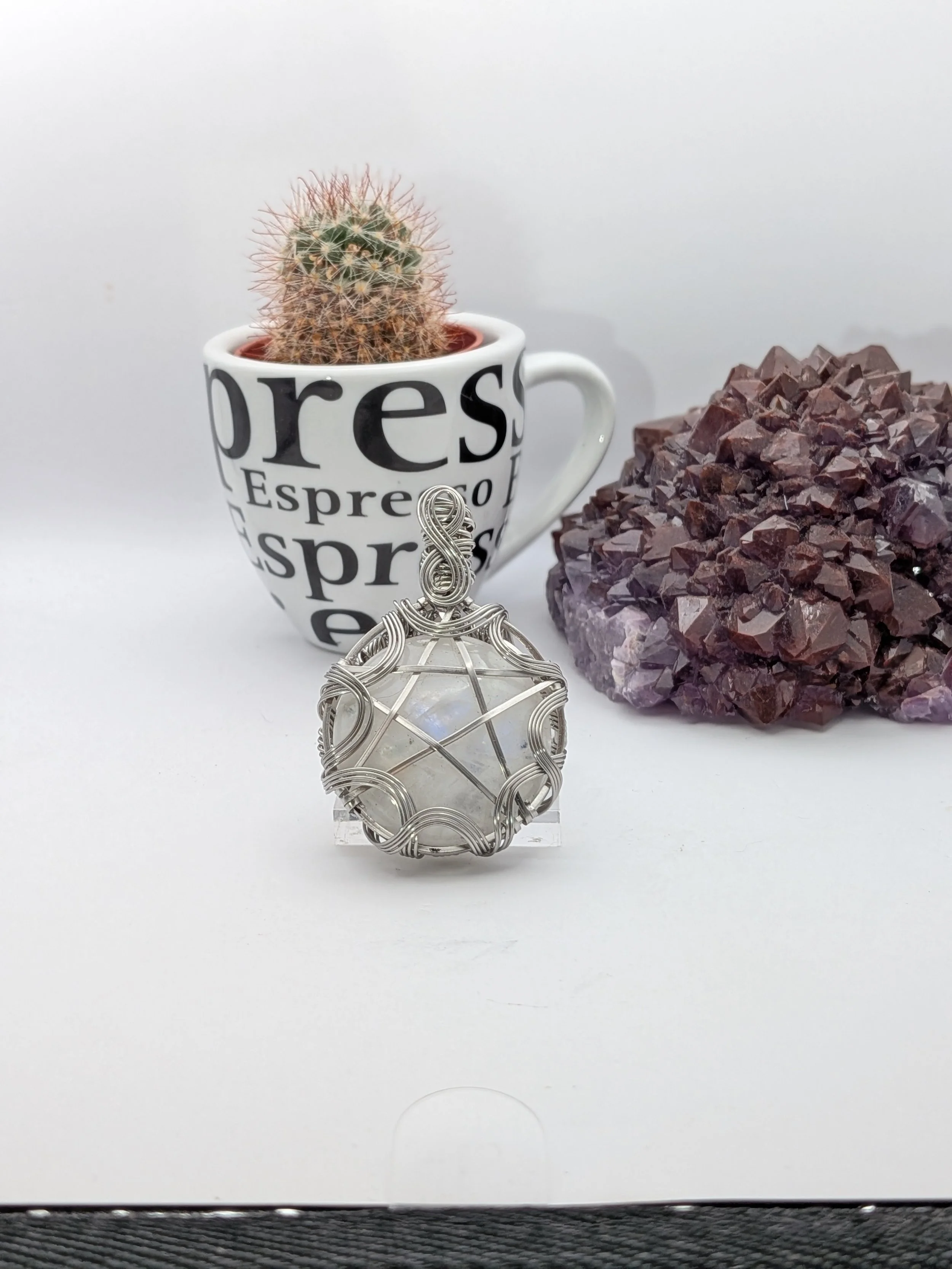 Rainbow Moonstone Pentagram Pentacle Stainless Steel Wire Wrap Pendant Necklace Jewellery Boho