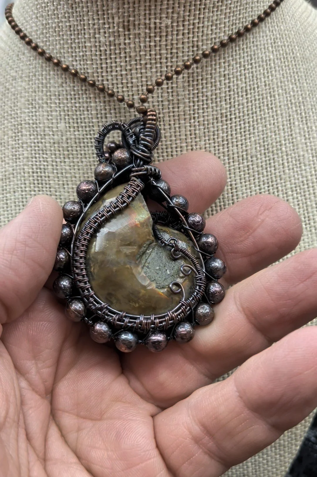 Valentines Day Ammonite Gemstone Solid Copper Wire Wrap Pendant