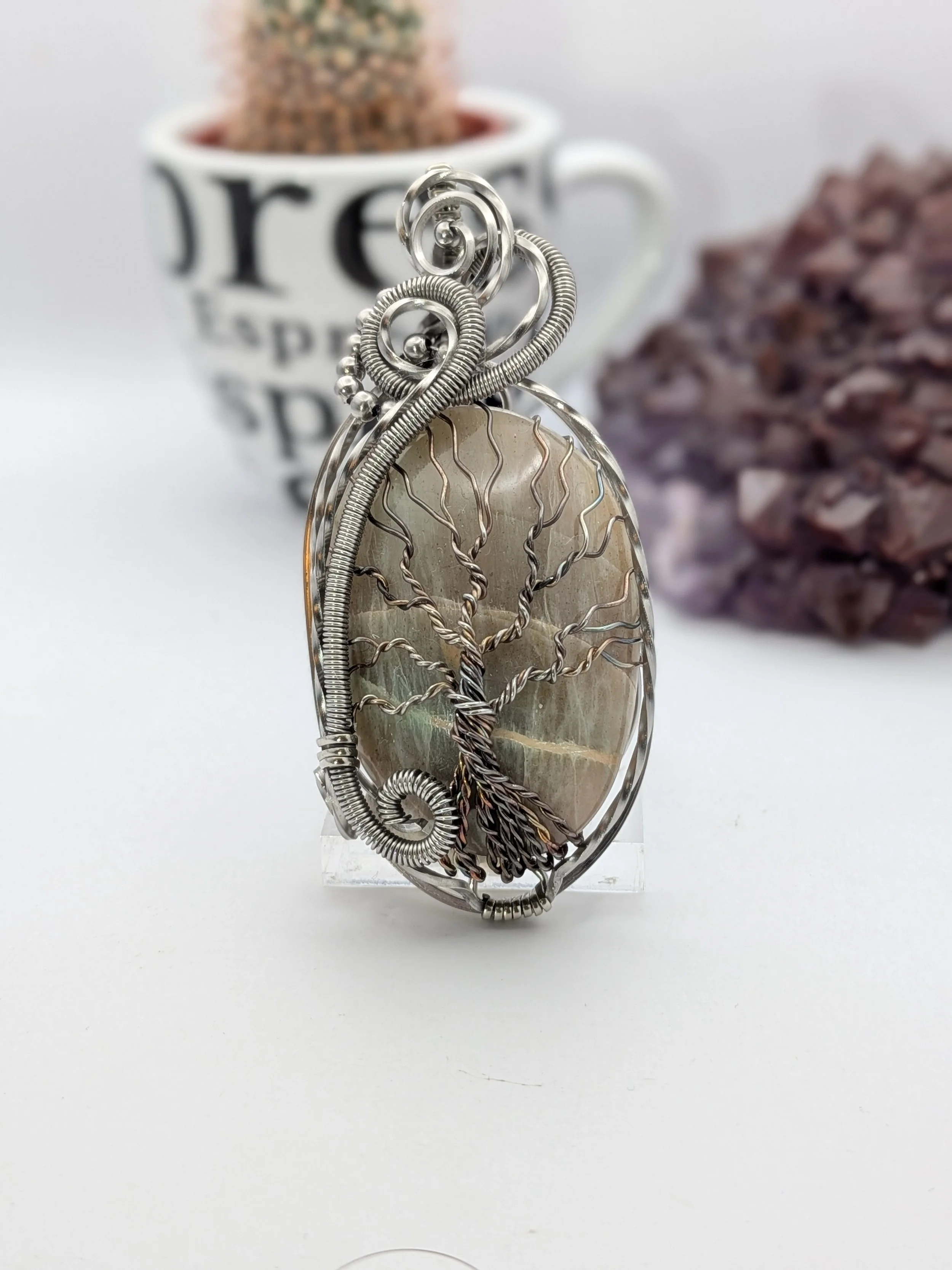 Green Moonstone Tree of Life Stainless Steel Wire Wrap Pendant Necklace Jewelry Boho