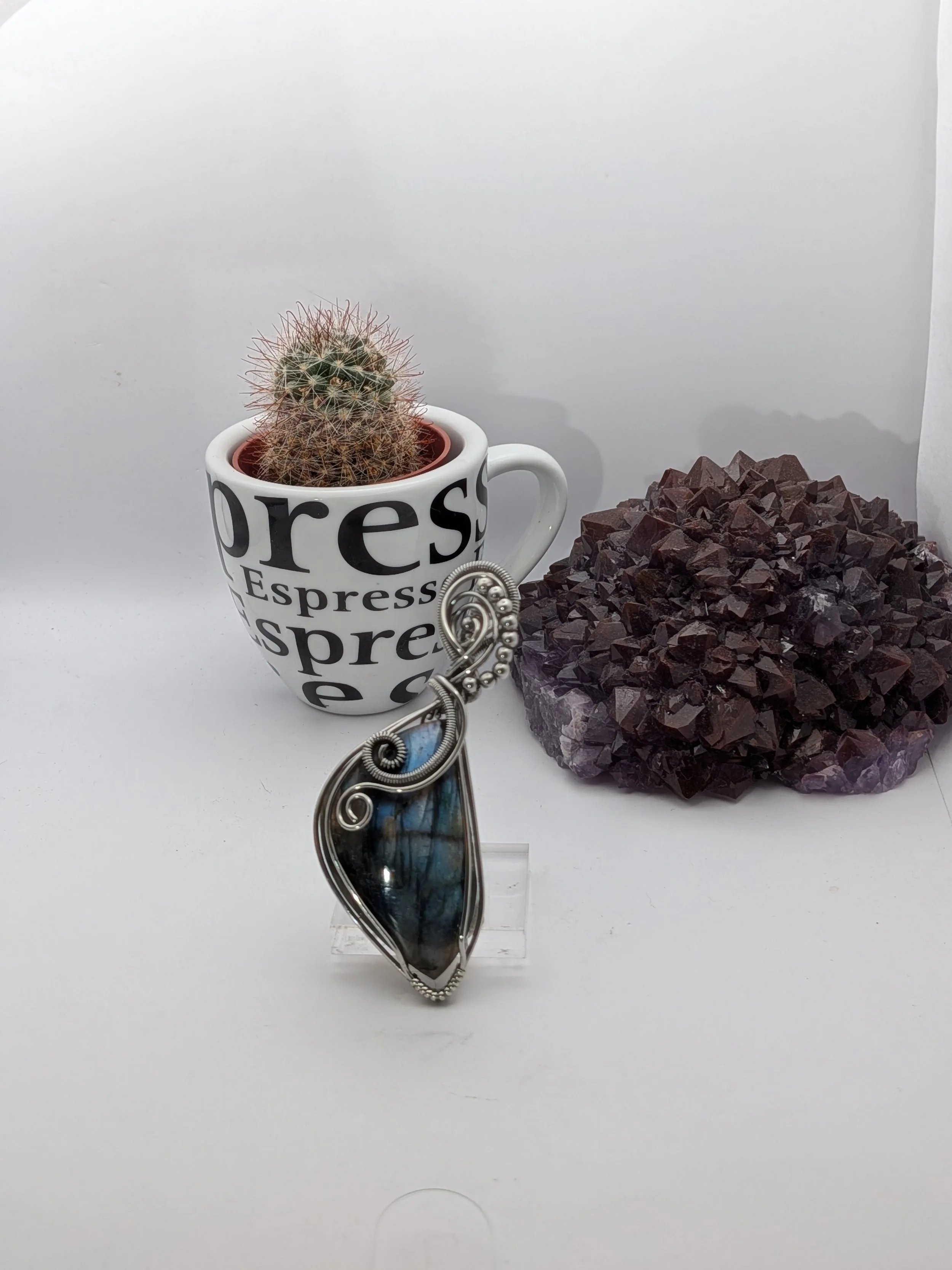 Angel Wing Blue Labradorite Stainless Steel Wire Wrap Pendant Necklace Jewellery Boho