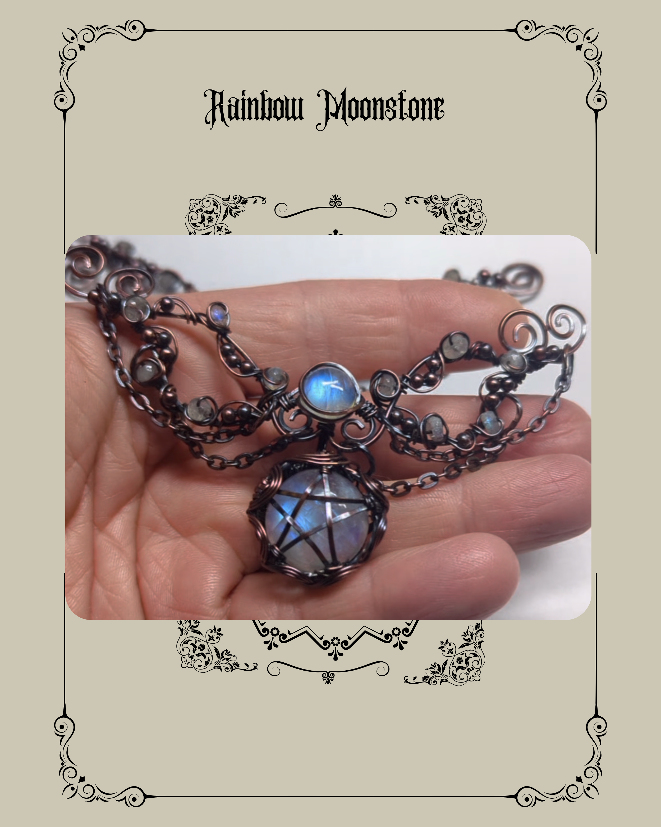 Rainbow Moonstone and Labradorite  Pentagram Solid Copper Wire Wrap Festoon Pendant Necklace Jewellery Boho