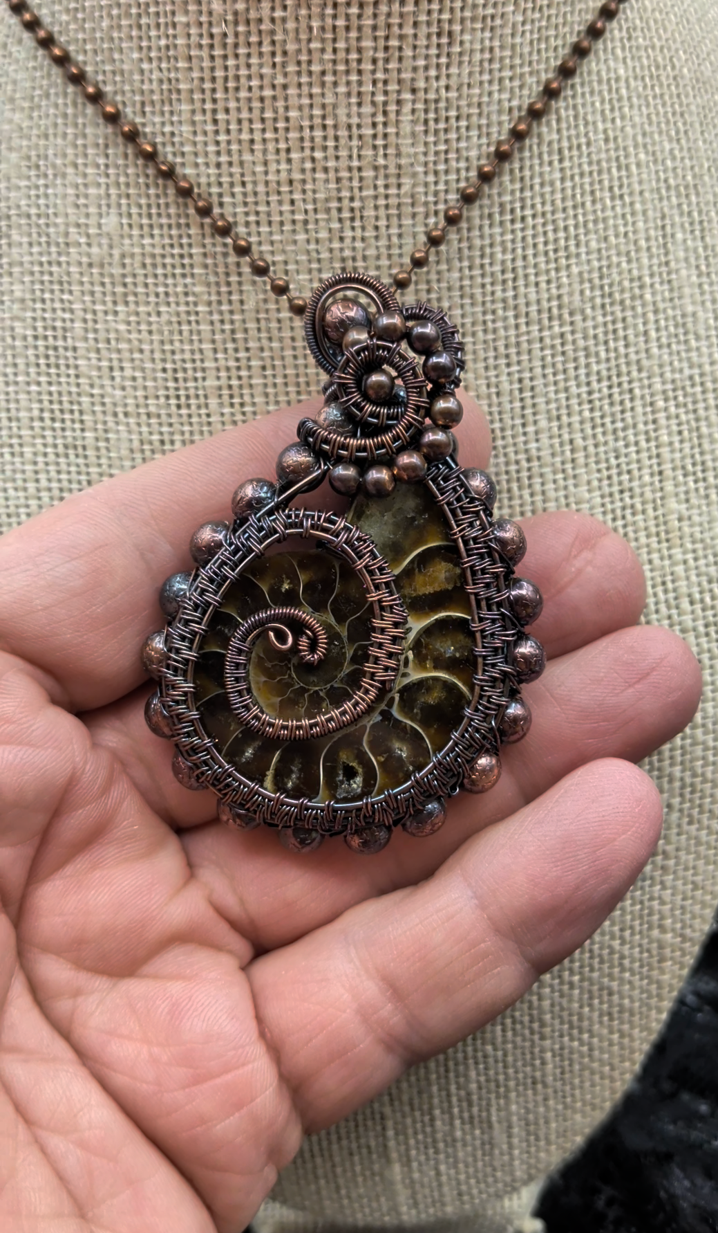 Valentines Day Ammonite Fossil Gemstone Solid Copper Wire Wrap Pendant Necklace Jewellery Boho