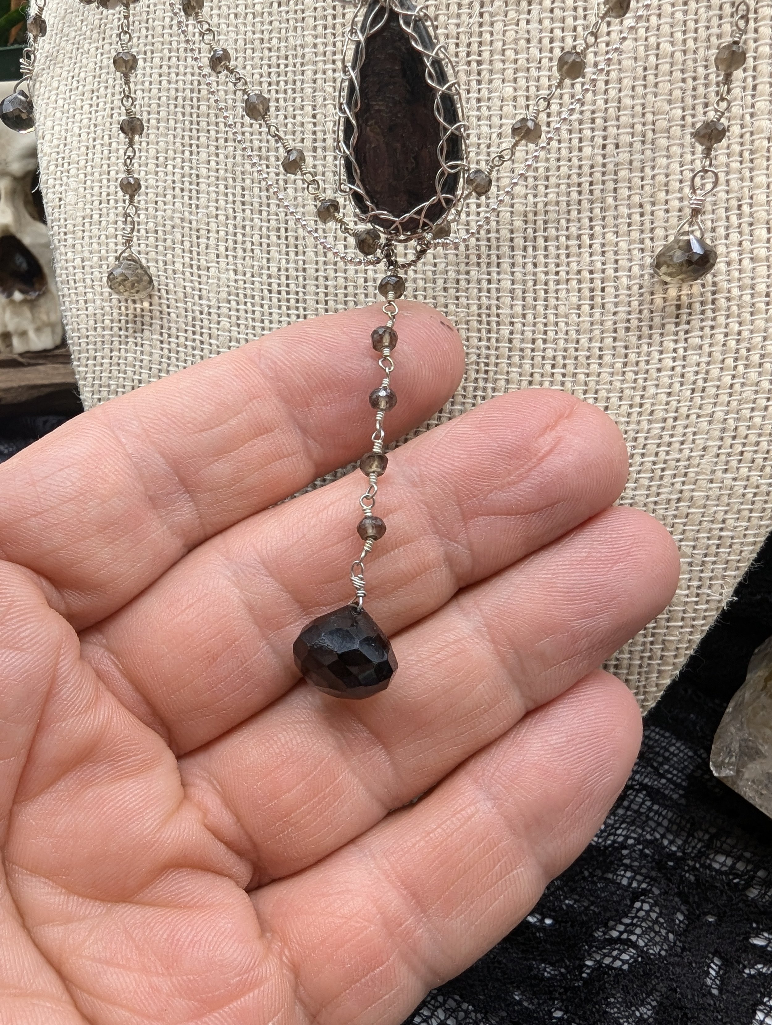 Elegant Wedding Prom Style Hypersthene and Smoky Quartz Sterling Silver Wire Wrap Pendant Elegantly braided with sterling wire chain, and smoky quartz teardrops