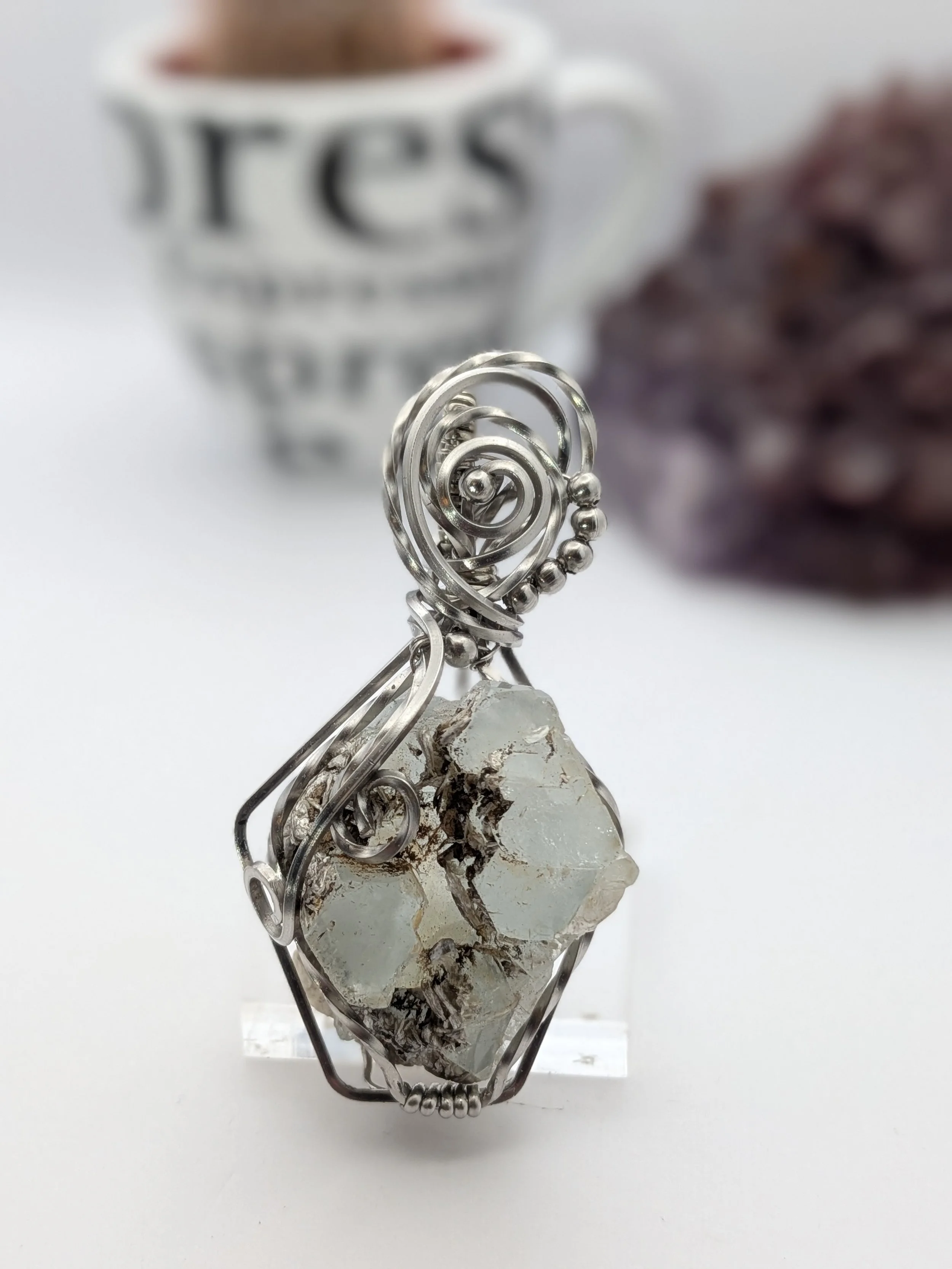 Raw Aquamarine with Silver Mica Stainless Steel Wire Wrap Pendant Necklace Jewelry Boho