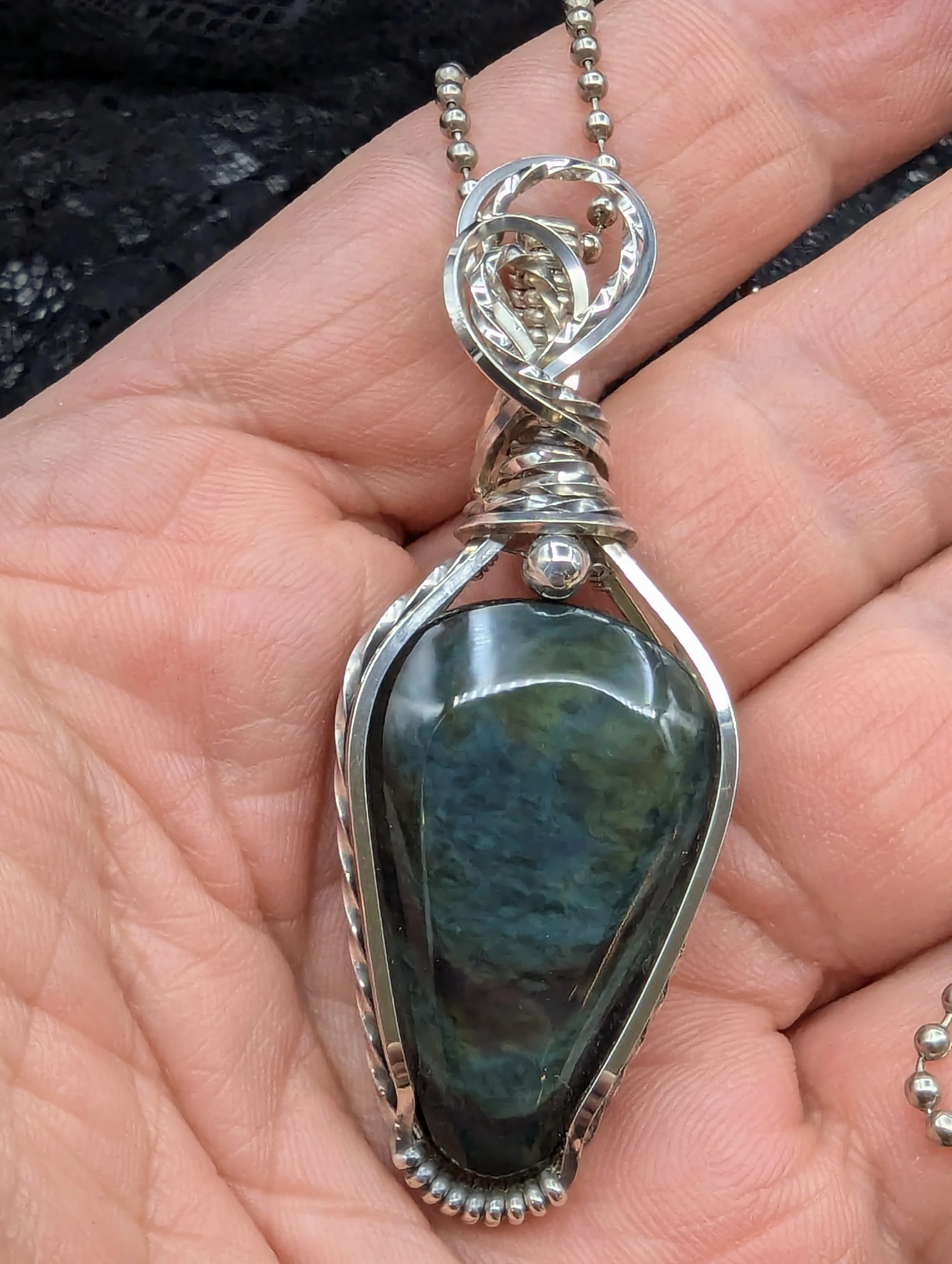 Elegant Rainbow Peacock Obsidian Gemstone Sterling Silver Wire Wrap Pendant Necklace Jewelry Boho