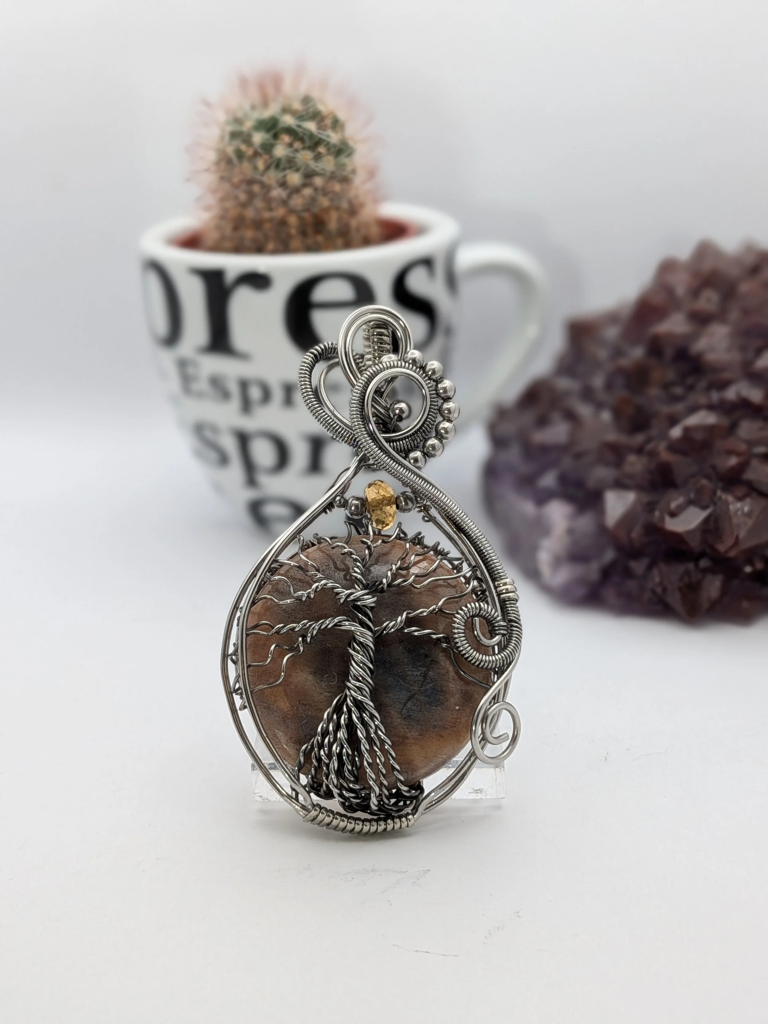 Black Moonstone with Citrine Accent Tree of Life Stainless Steel Wire Wrap Pendant Necklace Jewelry Boho