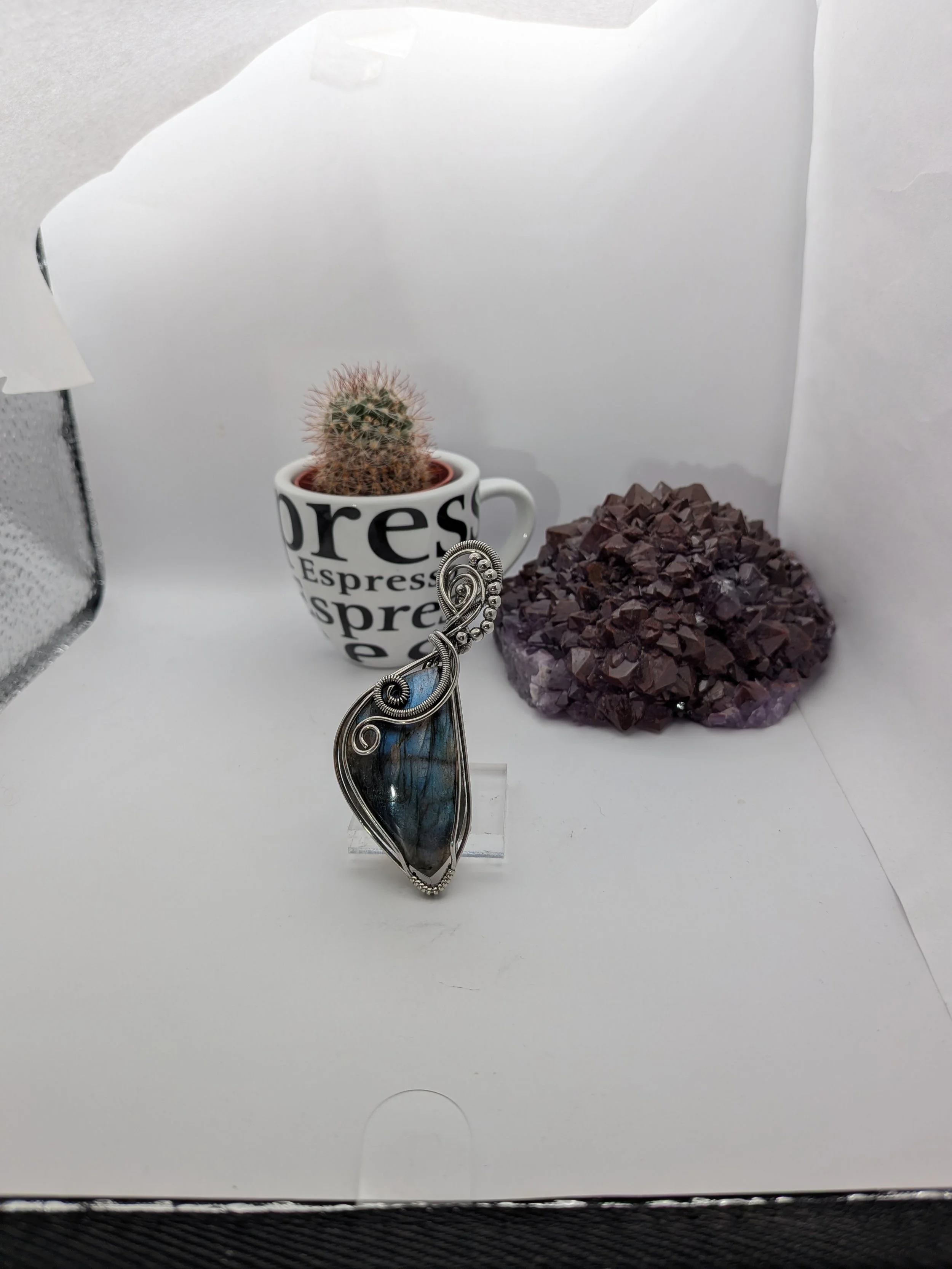 Angel Wing Blue Labradorite Stainless Steel Wire Wrap Pendant Necklace Jewellery Boho