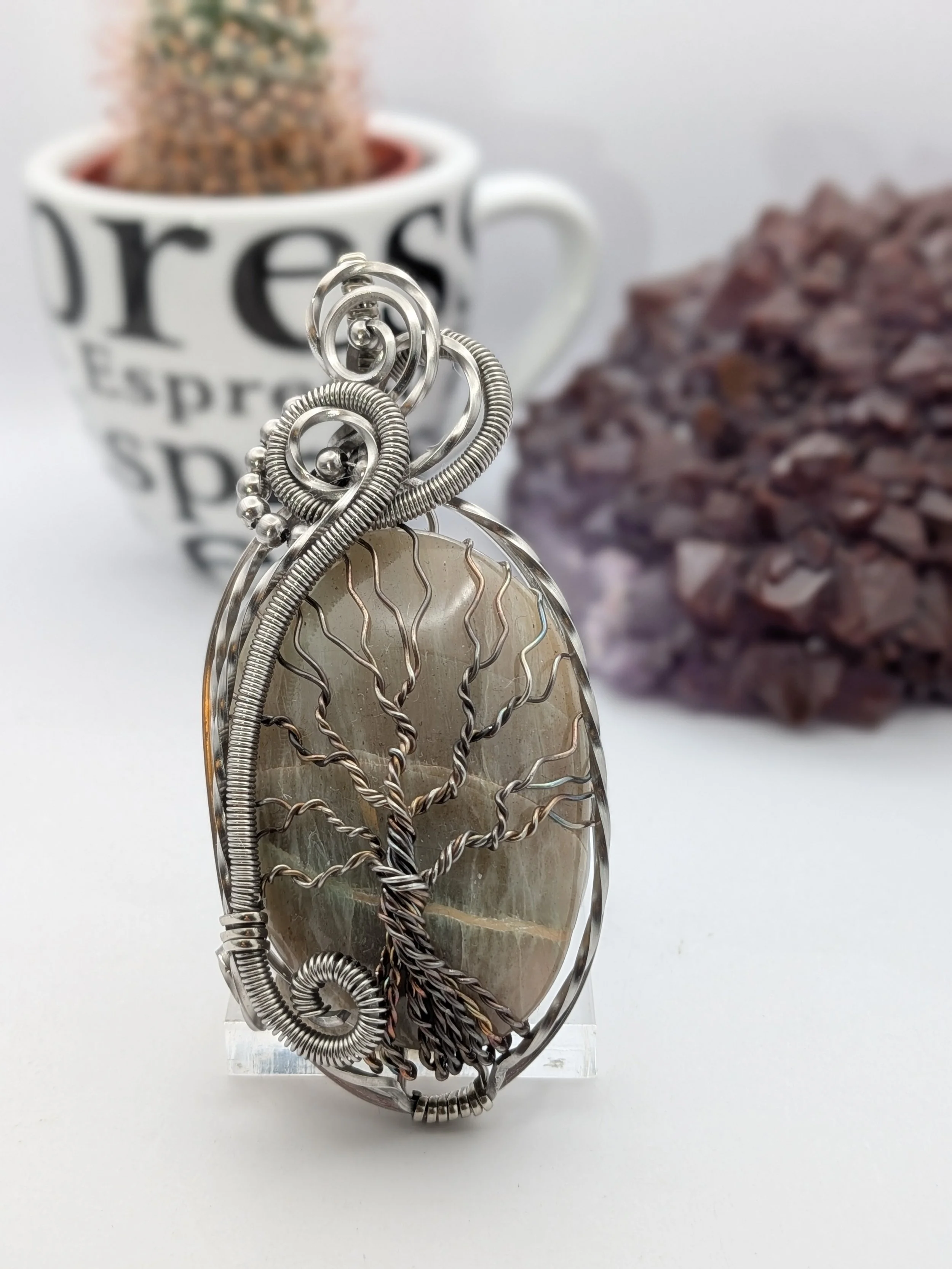 Green Moonstone Tree of Life Stainless Steel Wire Wrap Pendant Necklace Jewelry Boho
