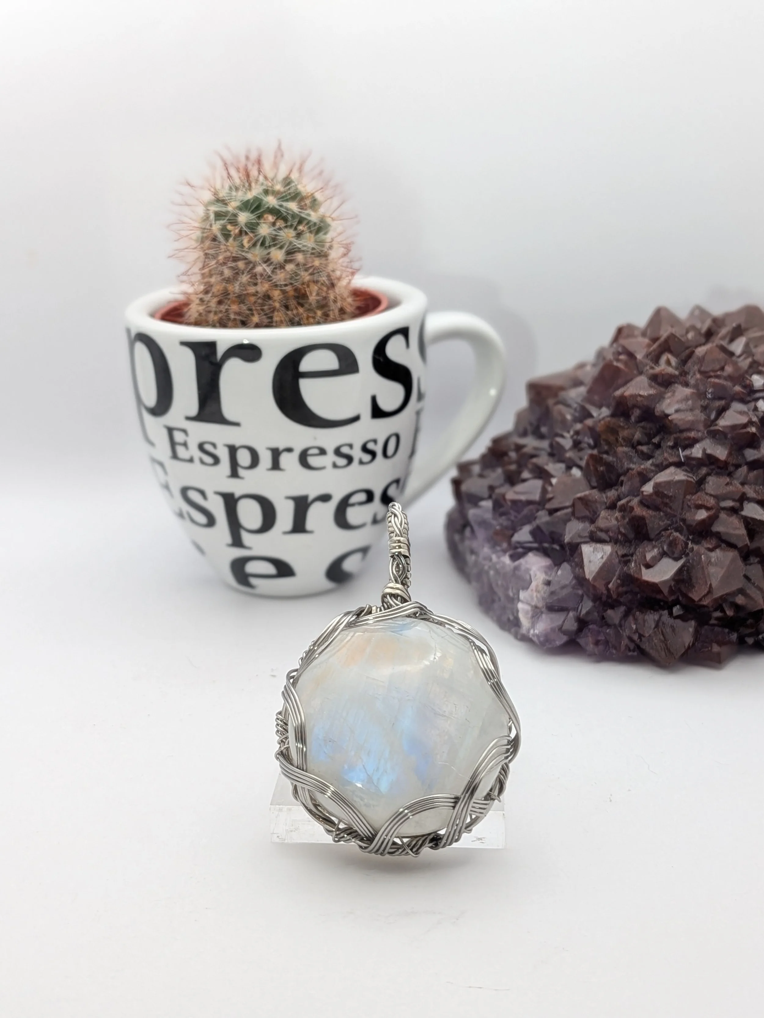 Rainbow Moonstone Stainless Steel Wire Wrap Pendant Necklace Jewelry Boho