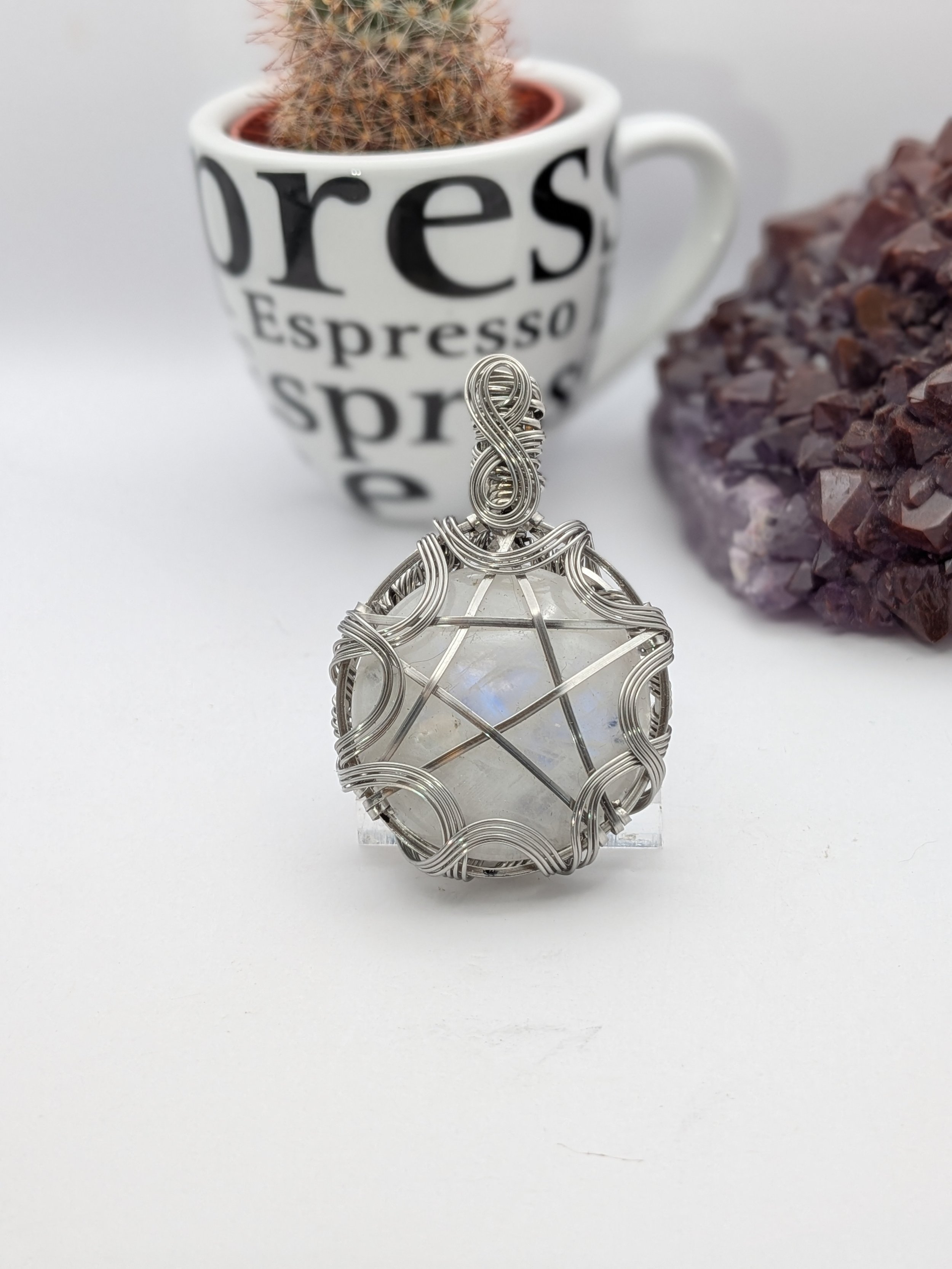 Rainbow Moonstone Pentagram Pentacle Stainless Steel Wire Wrap Pendant Necklace Jewellery Boho