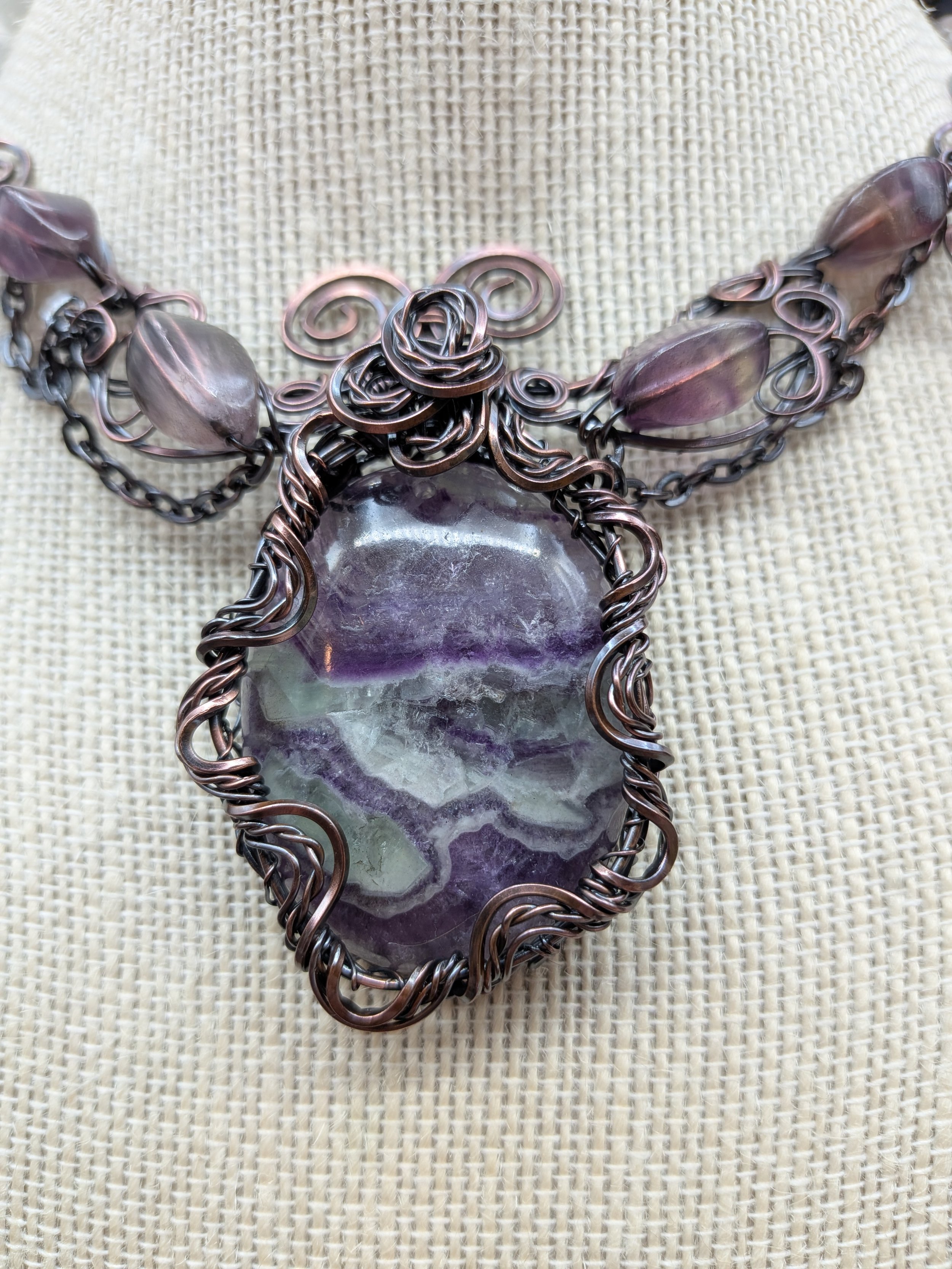 Rainbow Fluorite Solid Copper Wire Wrap Festoon Pendant Necklace Jewellery Boho.jpg