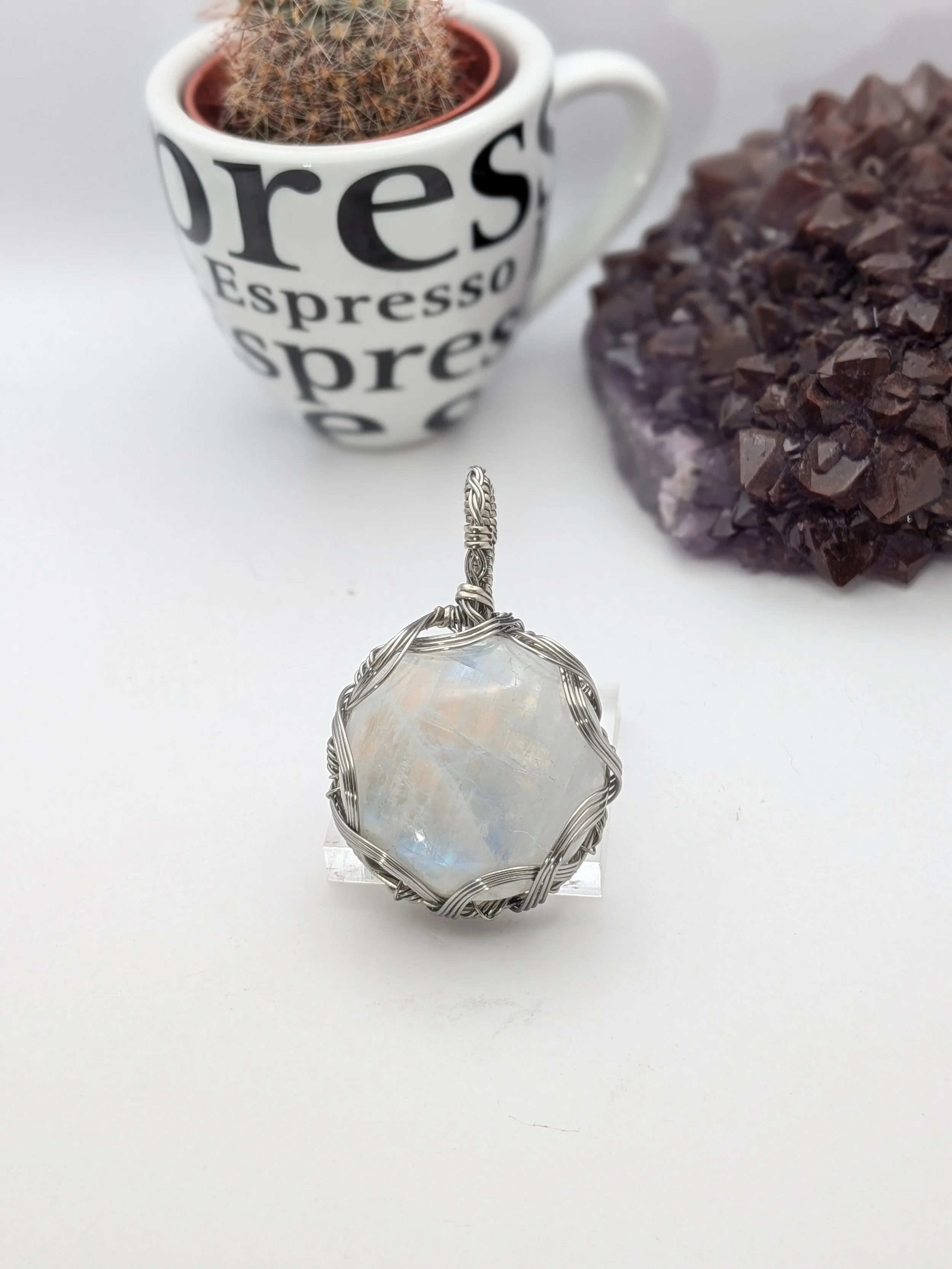 Rainbow Moonstone Stainless Steel Wire Wrap Pendant Necklace Jewelry Boho