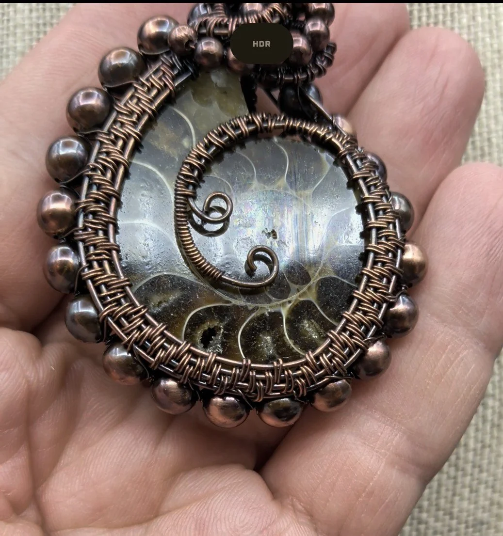 Valentines Day Ammonite Gemstone Solid Copper Wire Wrap Pendant