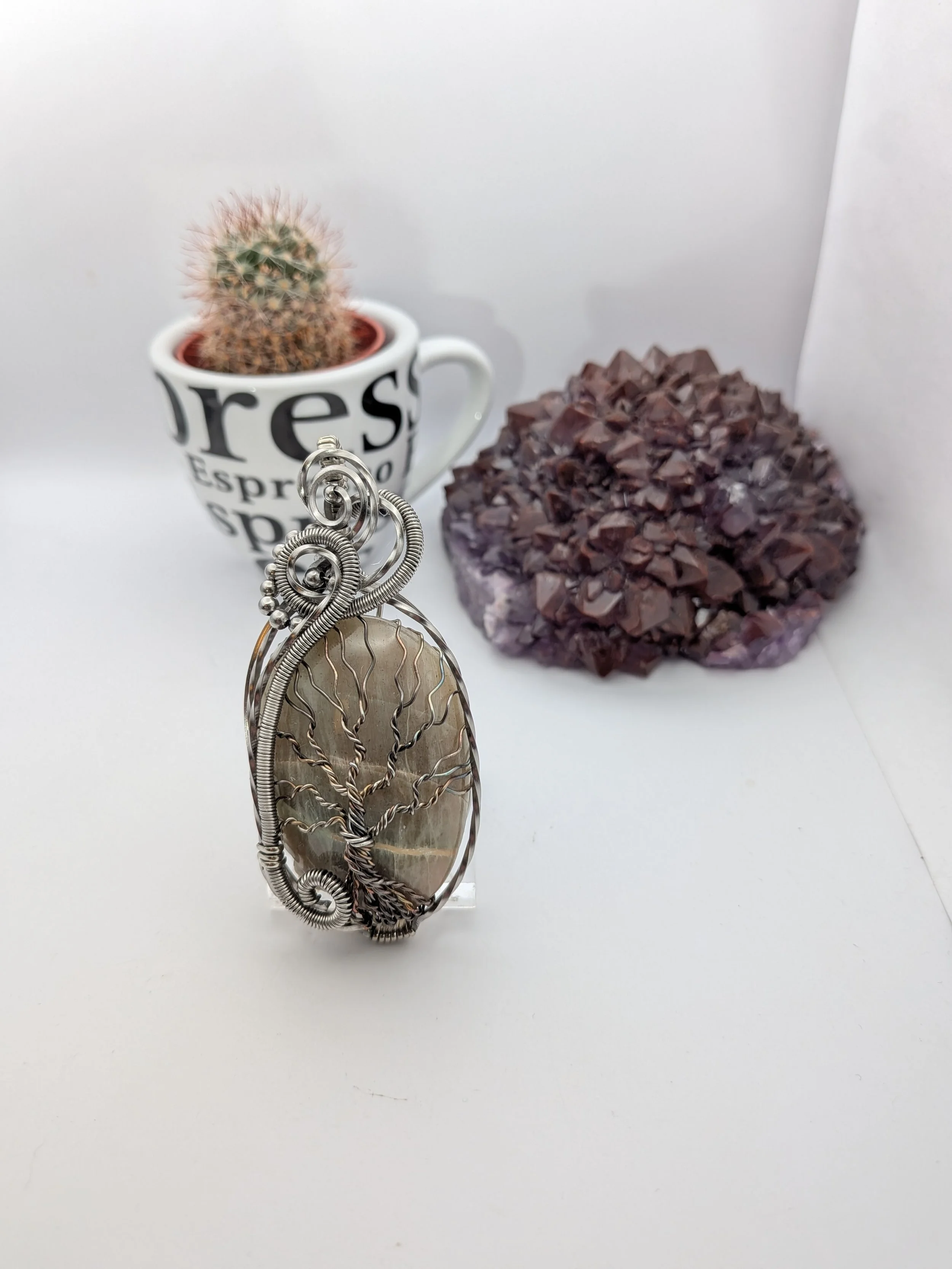 Green Moonstone Tree of Life Stainless Steel Wire Wrap Pendant Necklace Jewelry Boho