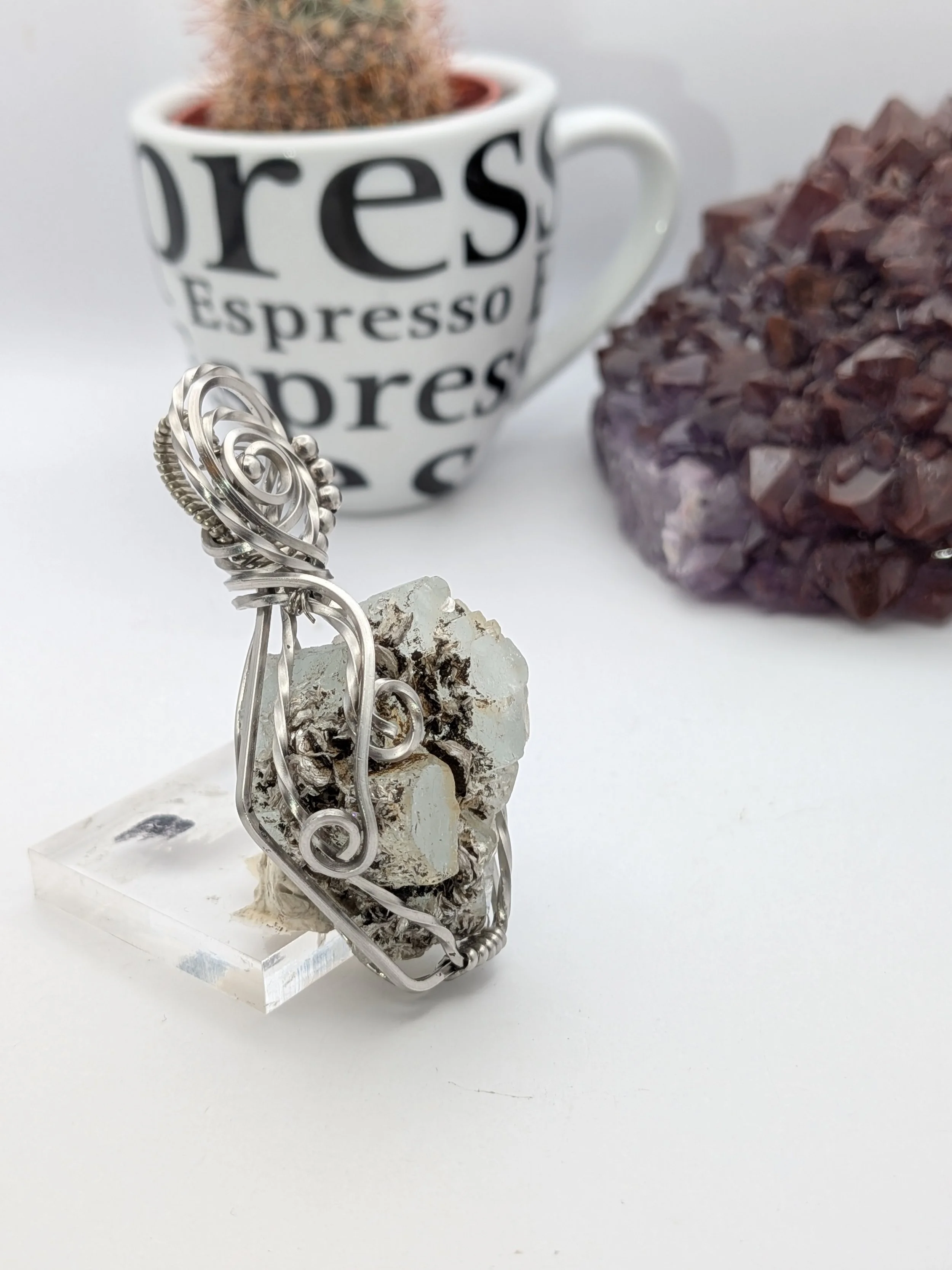 Raw Aquamarine with Silver Mica Stainless Steel Wire Wrap Pendant Necklace Jewelry Boho