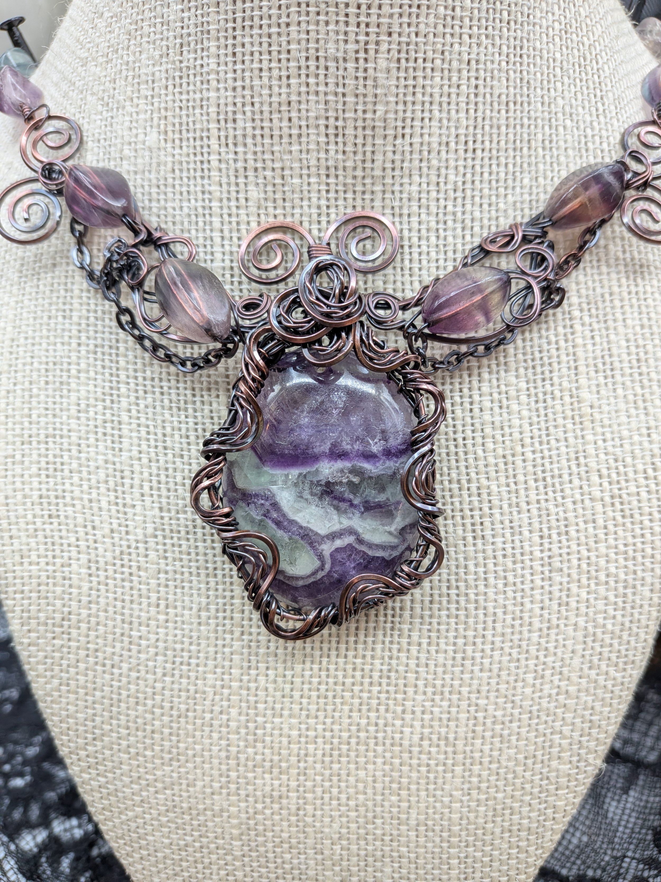 Rainbow Fluorite Solid Copper Wire Wrap Festoon Pendant Necklace Jewellery Boho.jpg