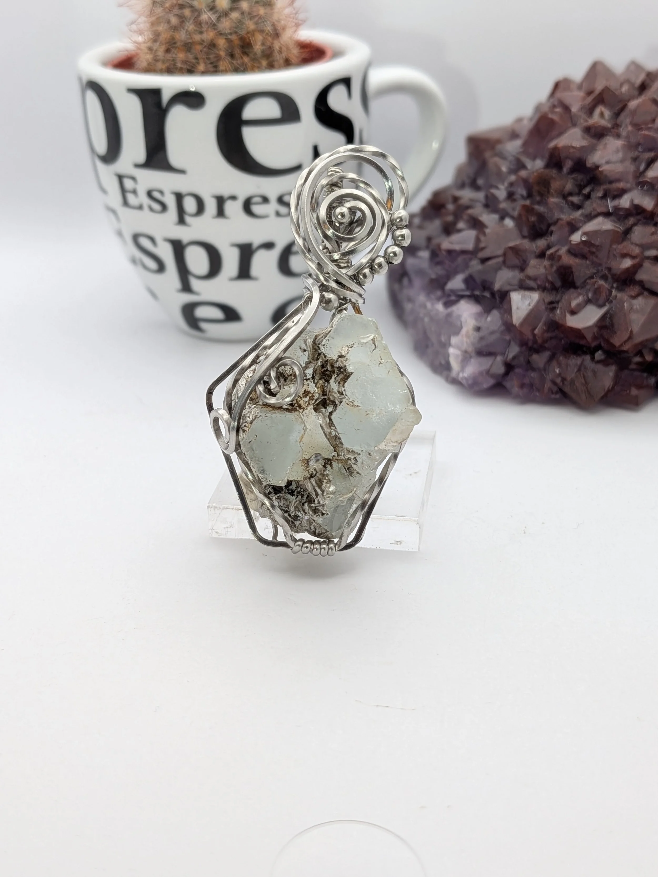Raw Aquamarine with Silver Mica Stainless Steel Wire Wrap Pendant Necklace Jewelry Boho