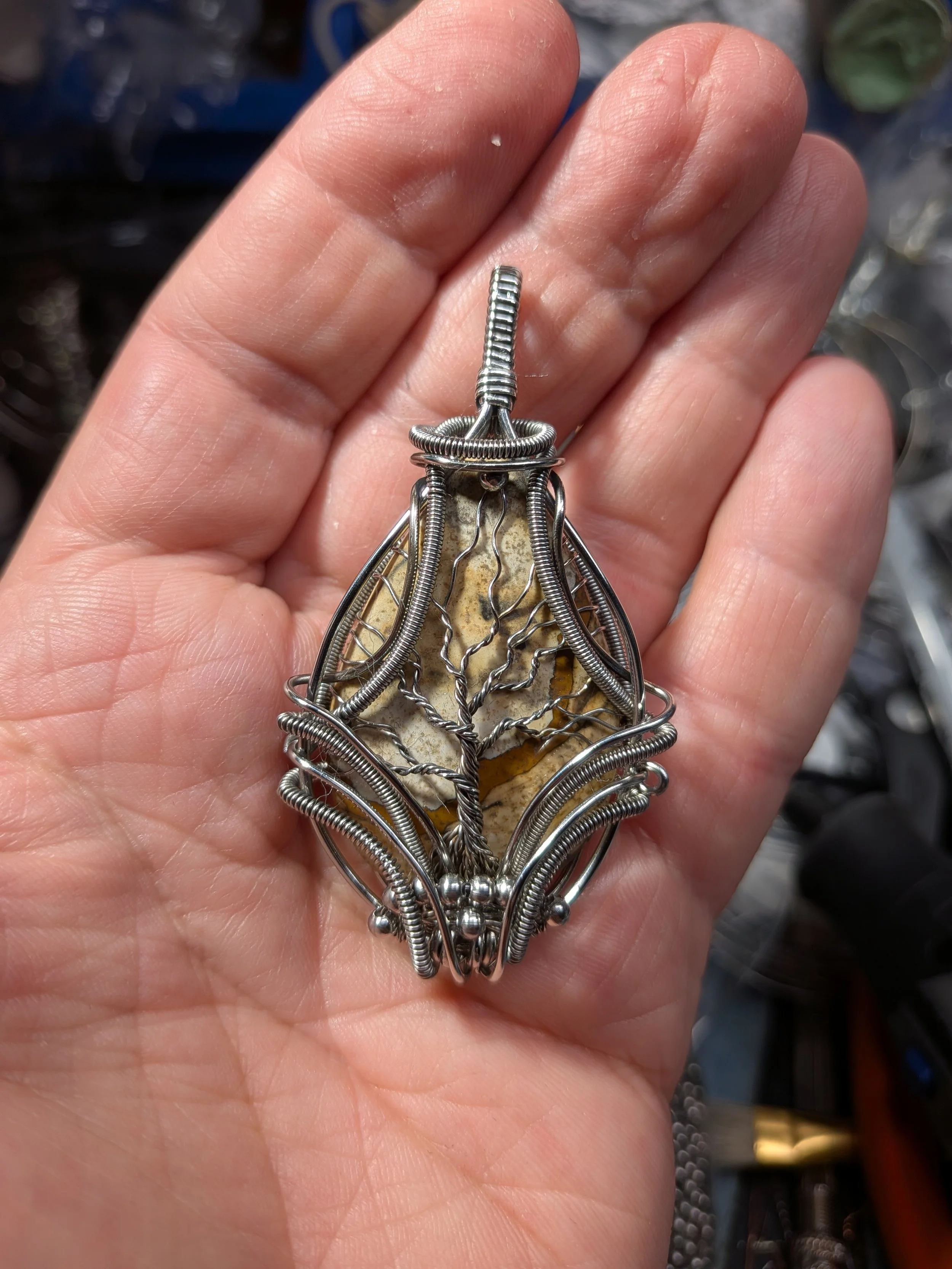 Picture Jasper Tree of Life Stainless Steel Wire Wrap Pendant Necklace Jewelry Boho