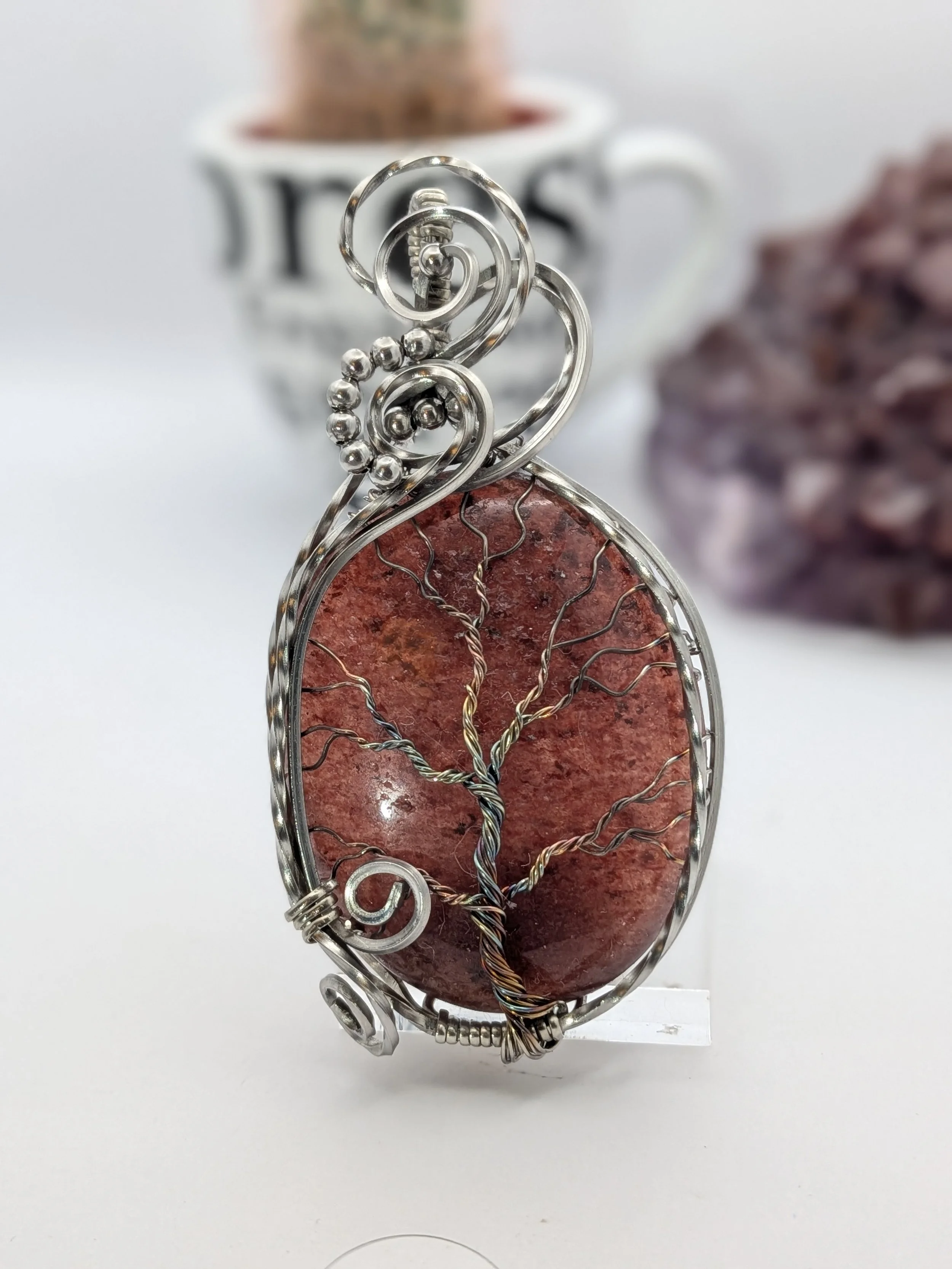 Strawberry Quartz Tree of Life Stainless Steel Wire Wrap Pendant Necklace Jewelry Boho