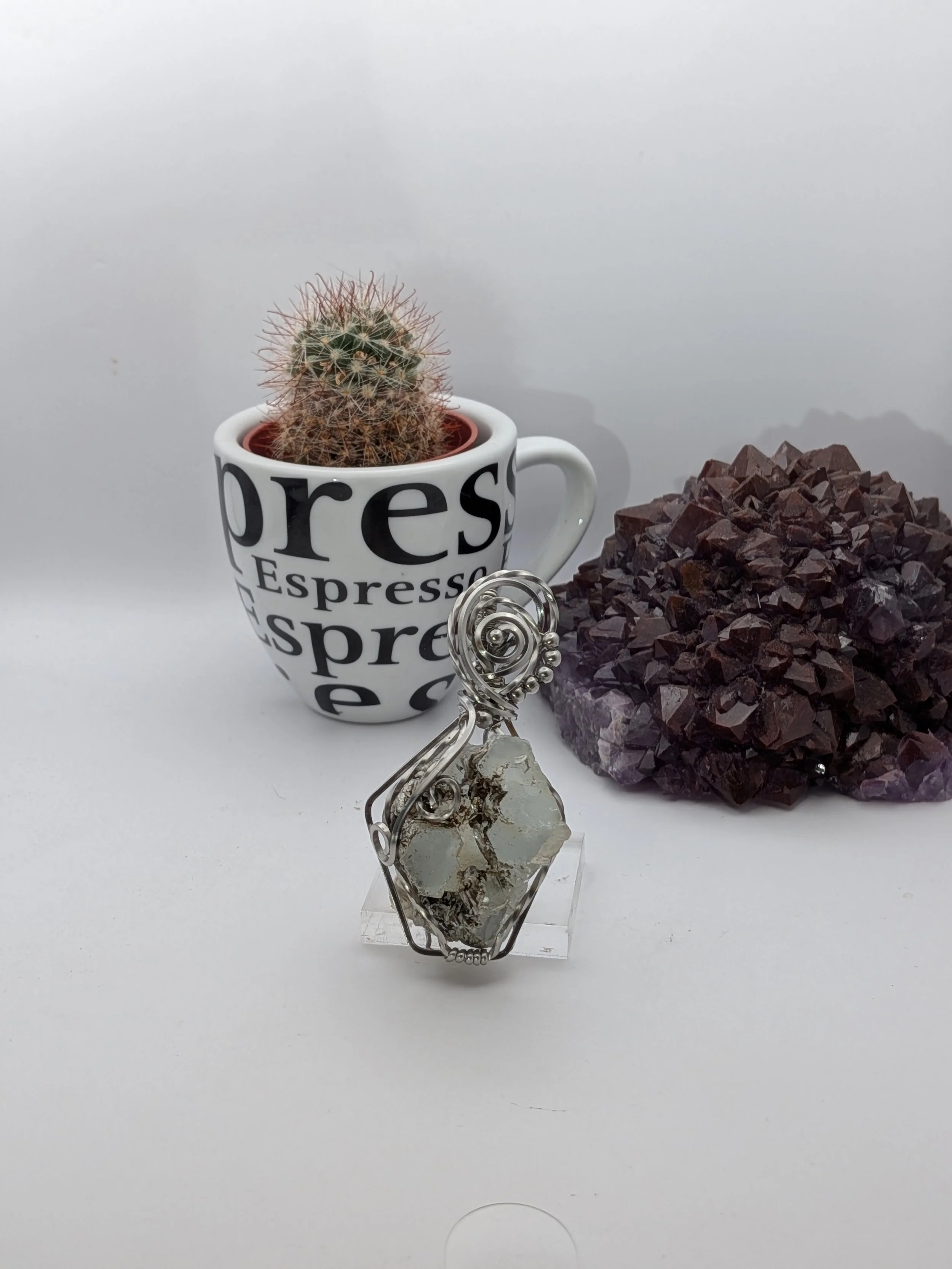 Raw Aquamarine with Silver Mica Stainless Steel Wire Wrap Pendant Necklace Jewelry Boho