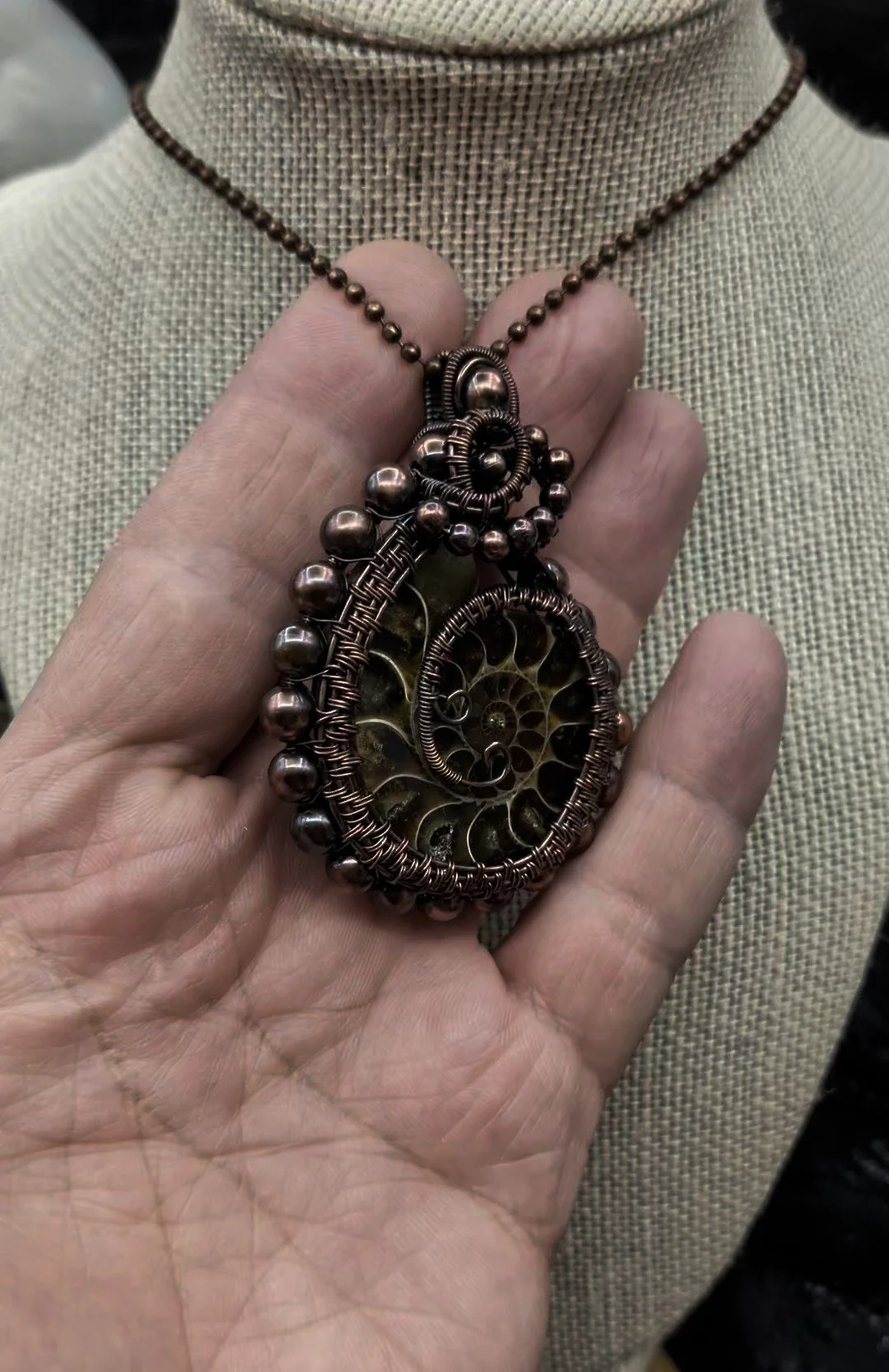 Valentines Day Ammonite Gemstone Solid Copper Wire Wrap Pendant