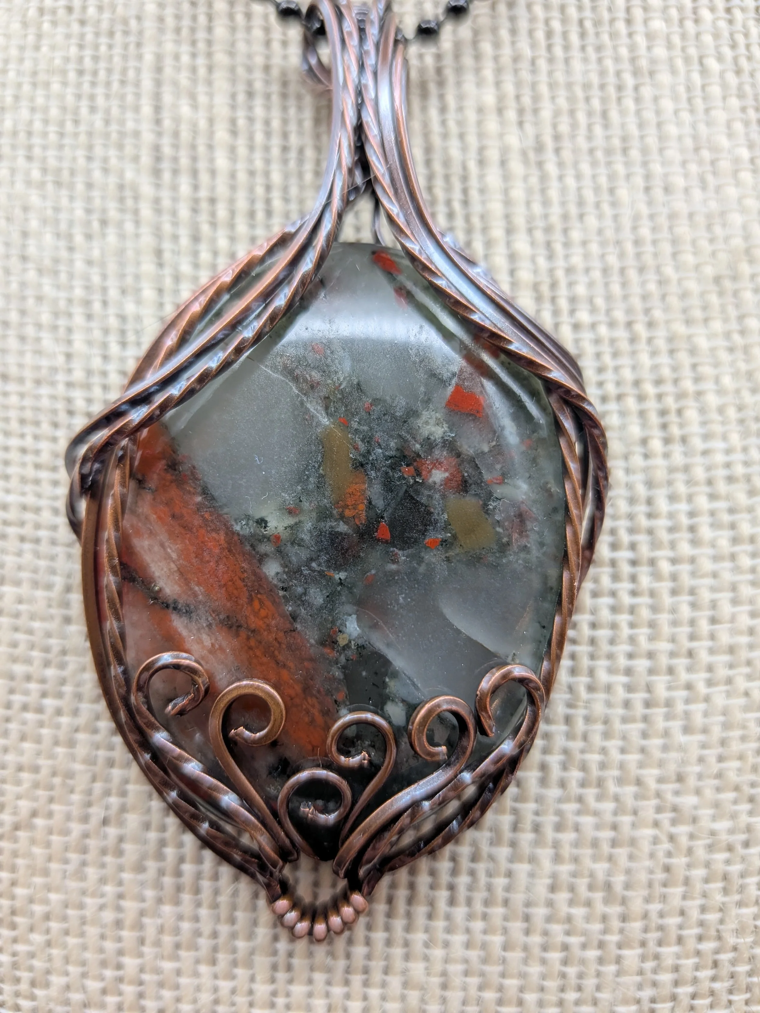 African Bloodstone Setonite Copper Wire Wrap Pendant Thumb Worry Stone Necklace Jewellery Boho
