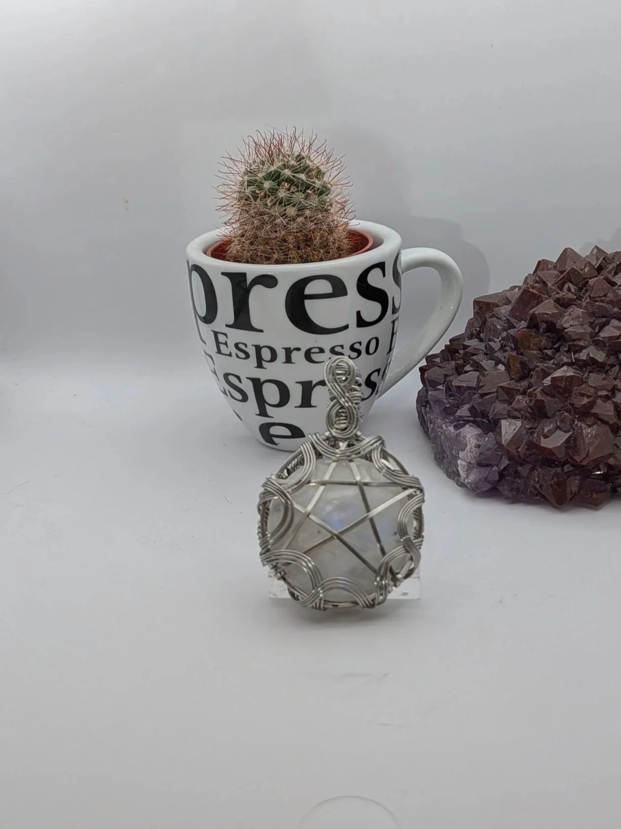 Rainbow Moonstone Pentagram Pentacle Stainless Steel Wire Wrap Pendant Necklace Jewellery Boho