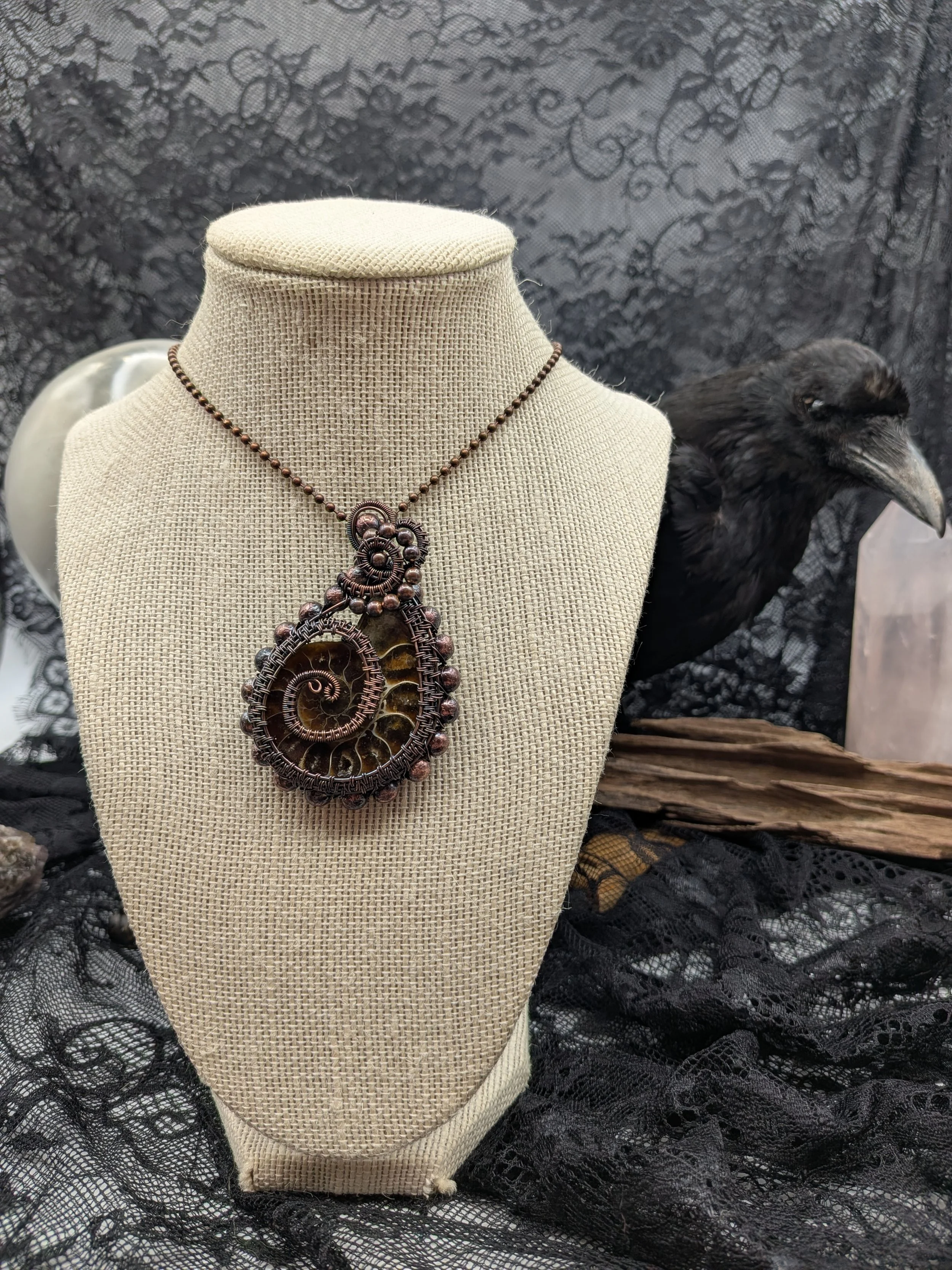 Valentines Day Ammonite Gemstone Solid Copper Wire Wrap Pendant