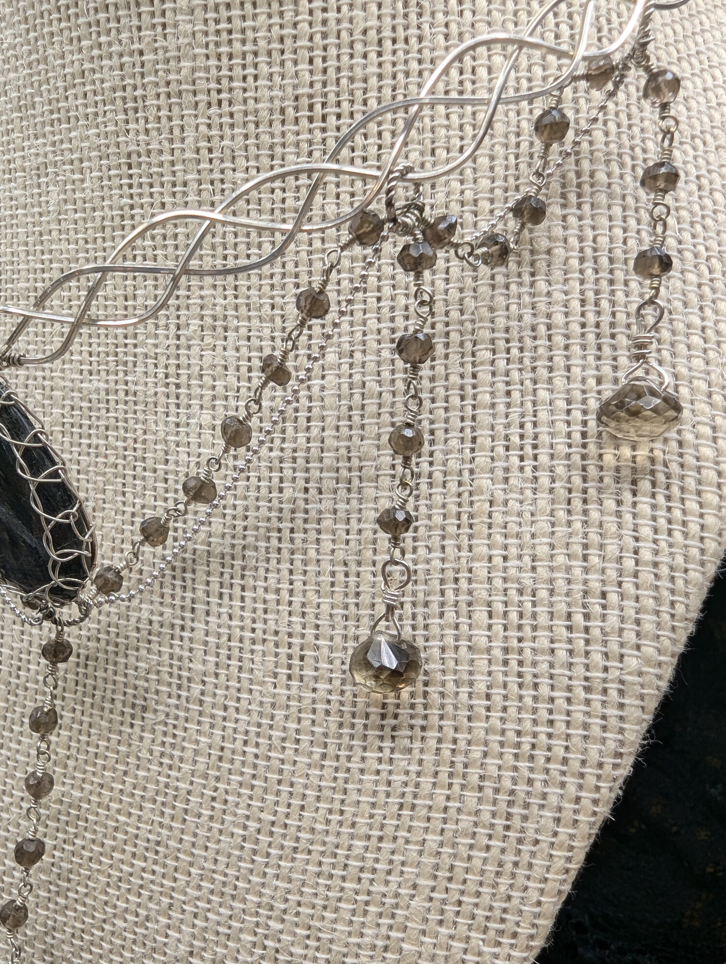 Elegant Wedding Prom Style Hypersthene and Smoky Quartz Sterling Silver Wire Wrap Pendant Elegantly braided with sterling wire chain, and smoky quartz teardrops