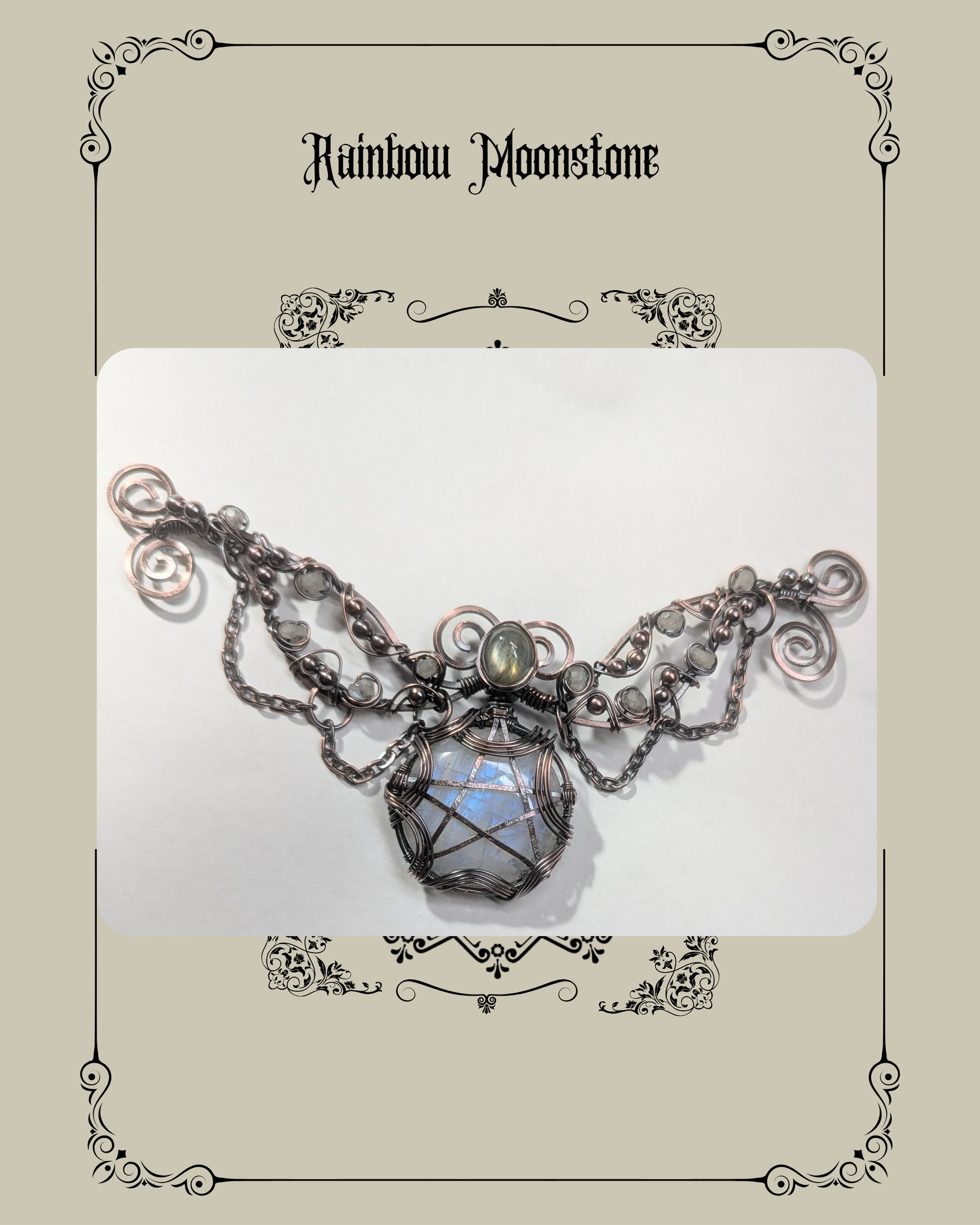ネックレス・ペンダント Rainbow Moonstone x Star Ruby Necklace Rainbow Moonstone and Labradorite Pentagram Solid Copper Wire Wrap