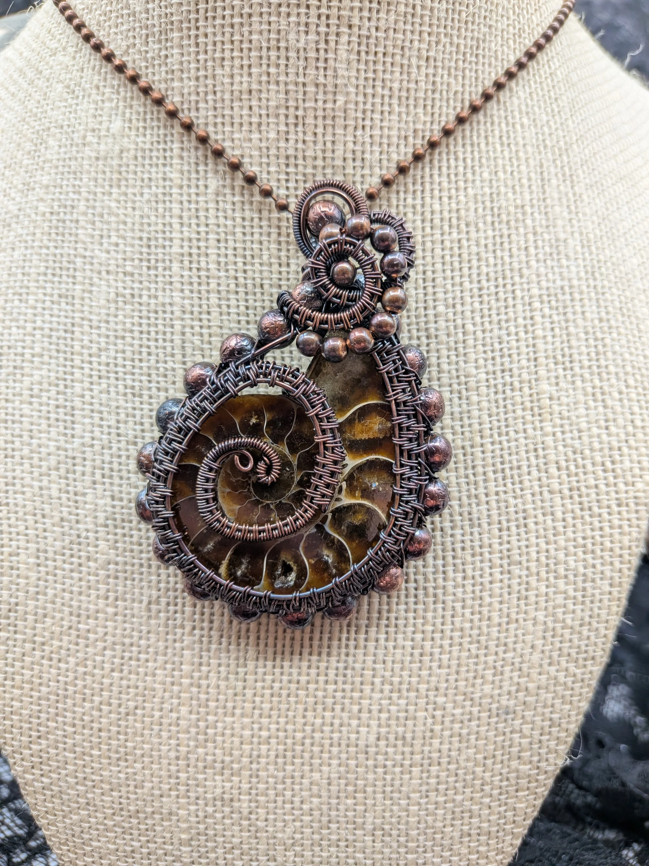 Valentines Day Ammonite Gemstone Solid Copper Wire Wrap Pendant
