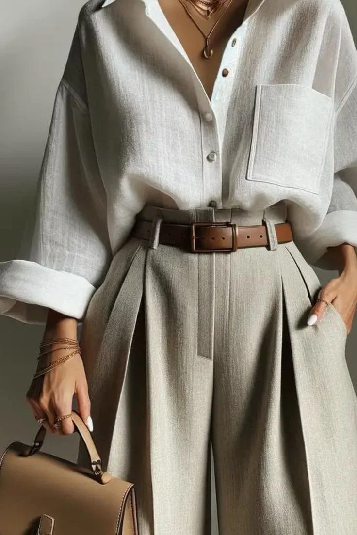 Fashionable outfit with white blouse, beige pleated trousers, brown belt, and handbag
