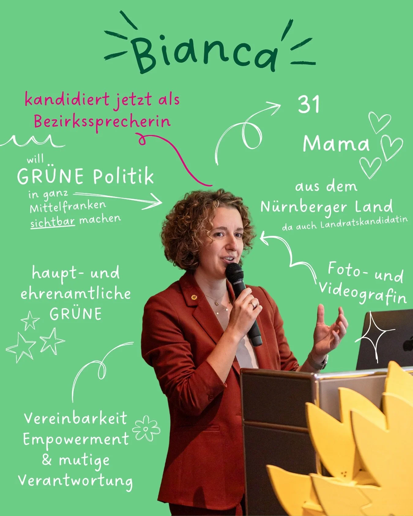 🌻 Ich kandidiere als Bezirkssprecherin der GR&Uuml;NEN Mittelfranken! 🌻

Die letzten zwei Jahre waren f&uuml;r mich eine Zeit voller Wandel &ndash; politisch, pers&ouml;nlich, menschlich. Zwischen Wahlkampf &amp; Windelwechseln habe ich erlebt, wie