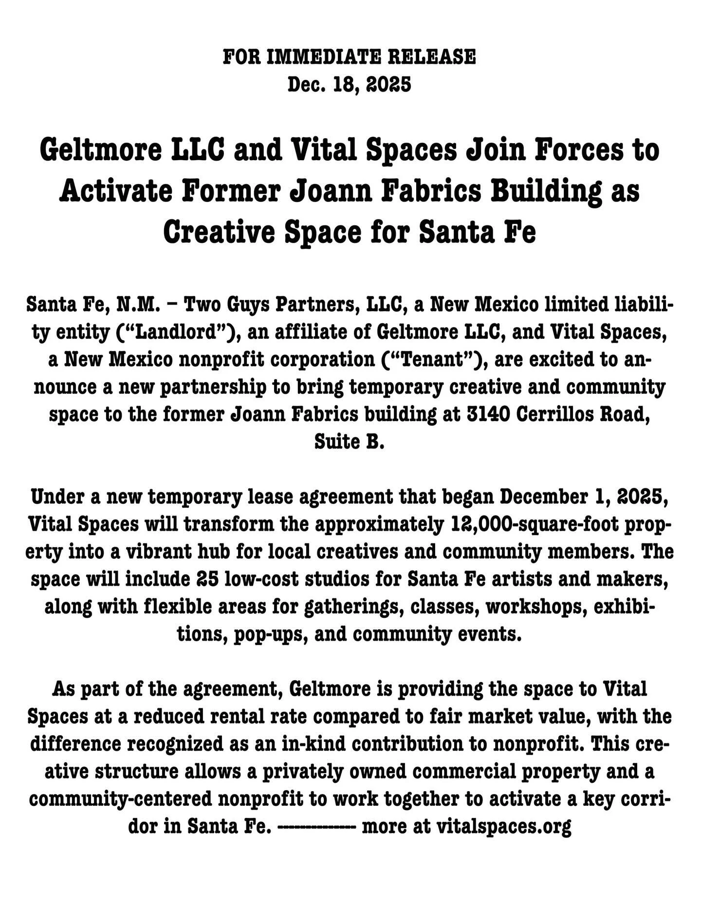 Big announcement! We are beyond excited to share that we signed a lease to transform the old Joannes fabric store on Cerrillos to a creative space! Vital Spaces at 3140 Cerrillos will have 25 artist studios, consignment shop, podcast room, photo room