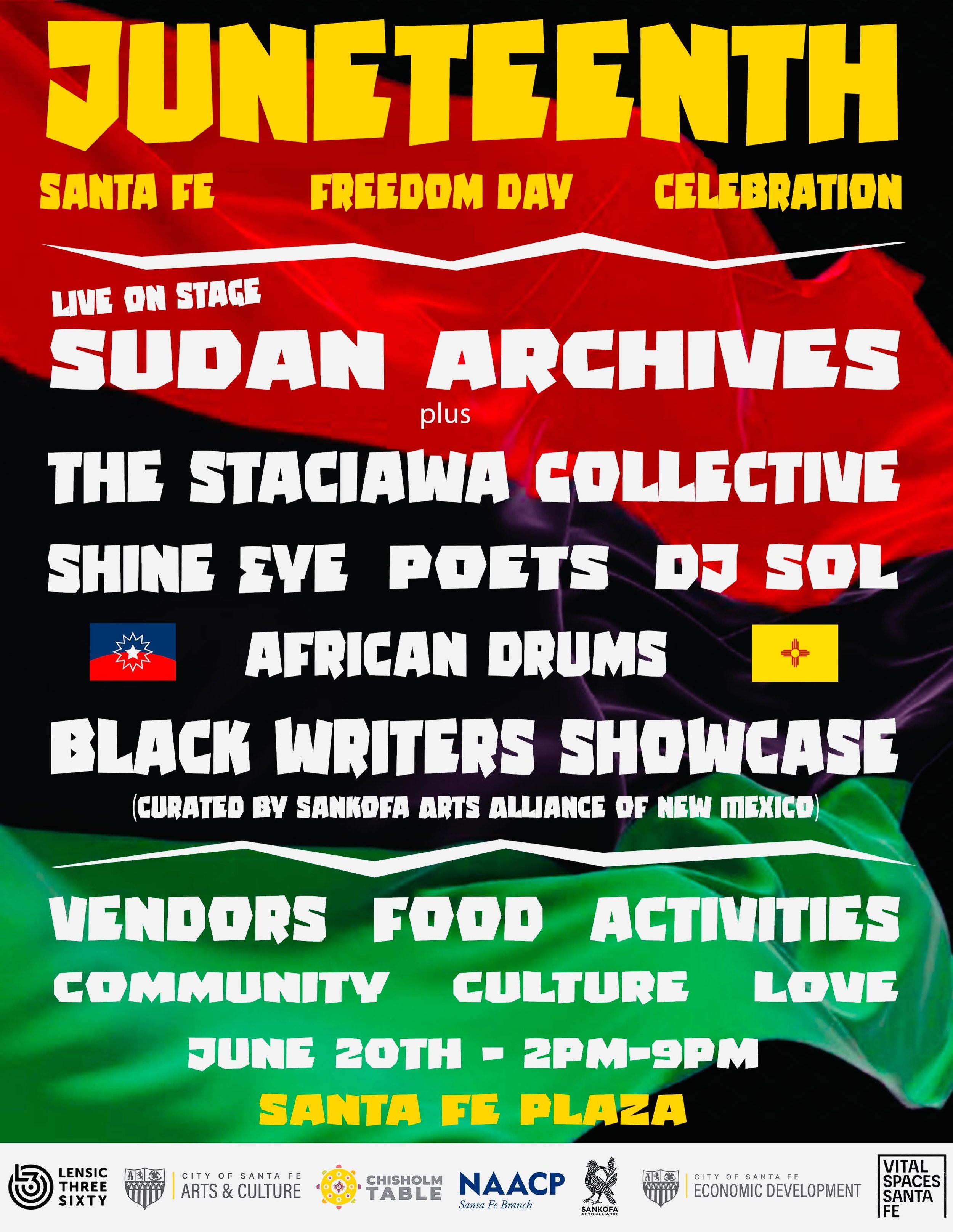 Santa Fe Juneteenth announcement!!! Looking forward to seeing you all for another beautiful freedom day celebration on the plaza! Excited to have @sudanarchives headline the day along with the @staciawa collective , Shine Eye, @solbentley and a Black