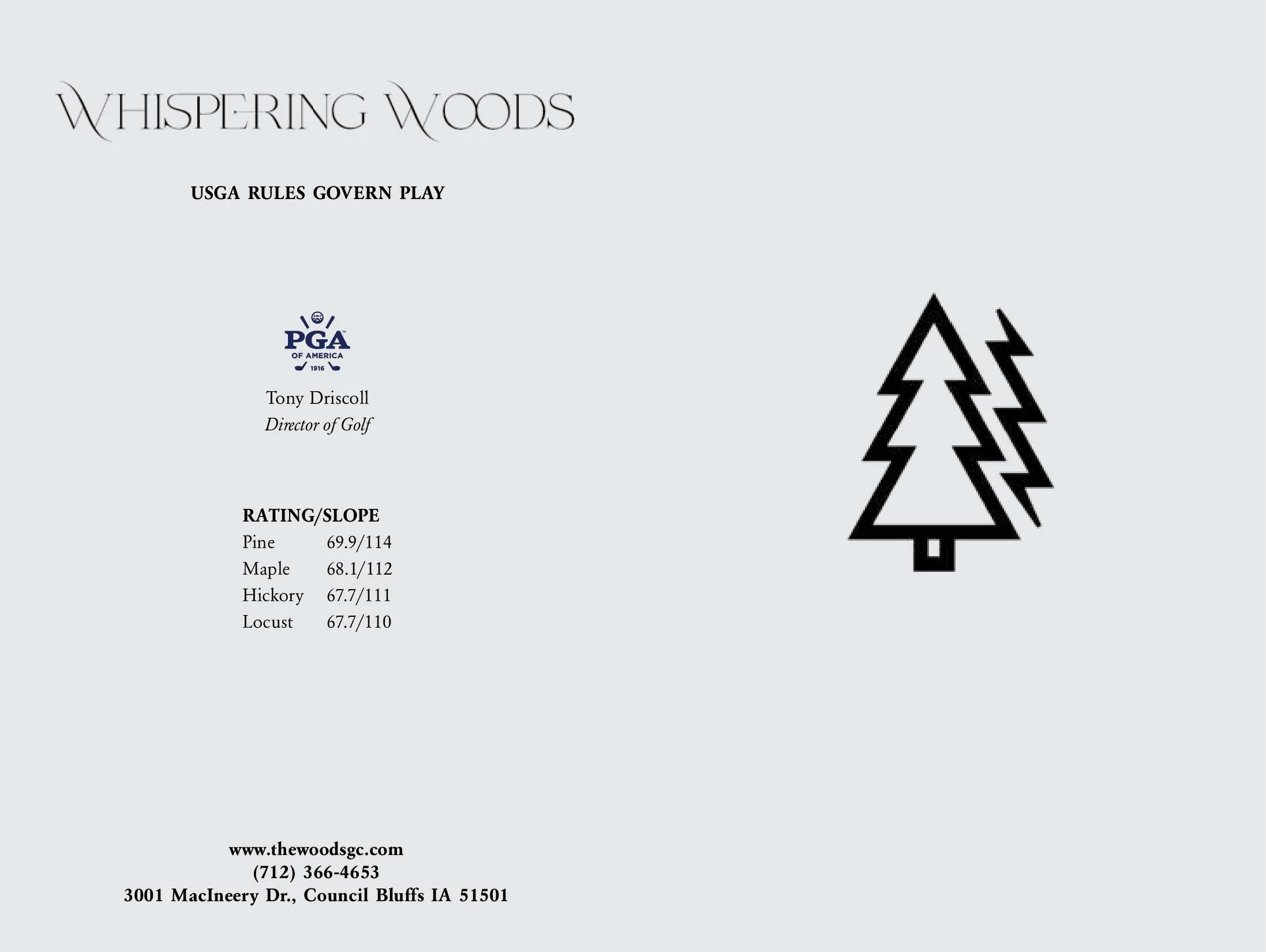 Cover page of Whispering Woods, a golf rule manual, with USGA rules governing play, PGA of America logo, a stylized tree icon, and contact information.