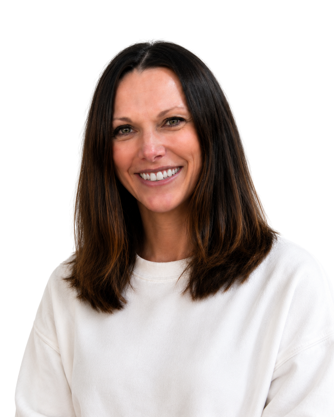 A smiling woman with brown hair wearing a white sweatshirt.