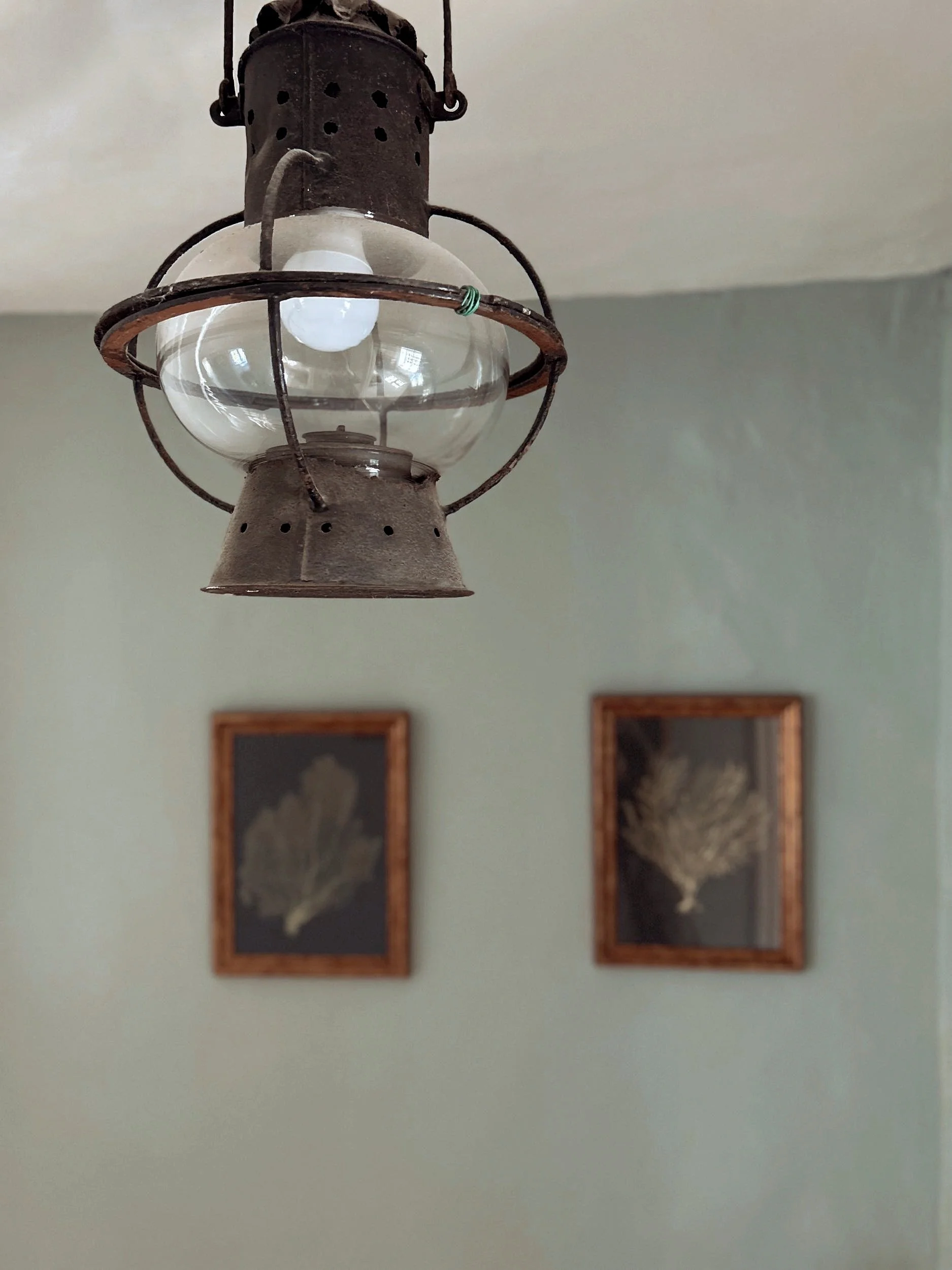 A vintage hanging lantern light fixture with a glass cover and metal frame, hanging from the ceiling in front of a light-colored wall with framed botanical prints.