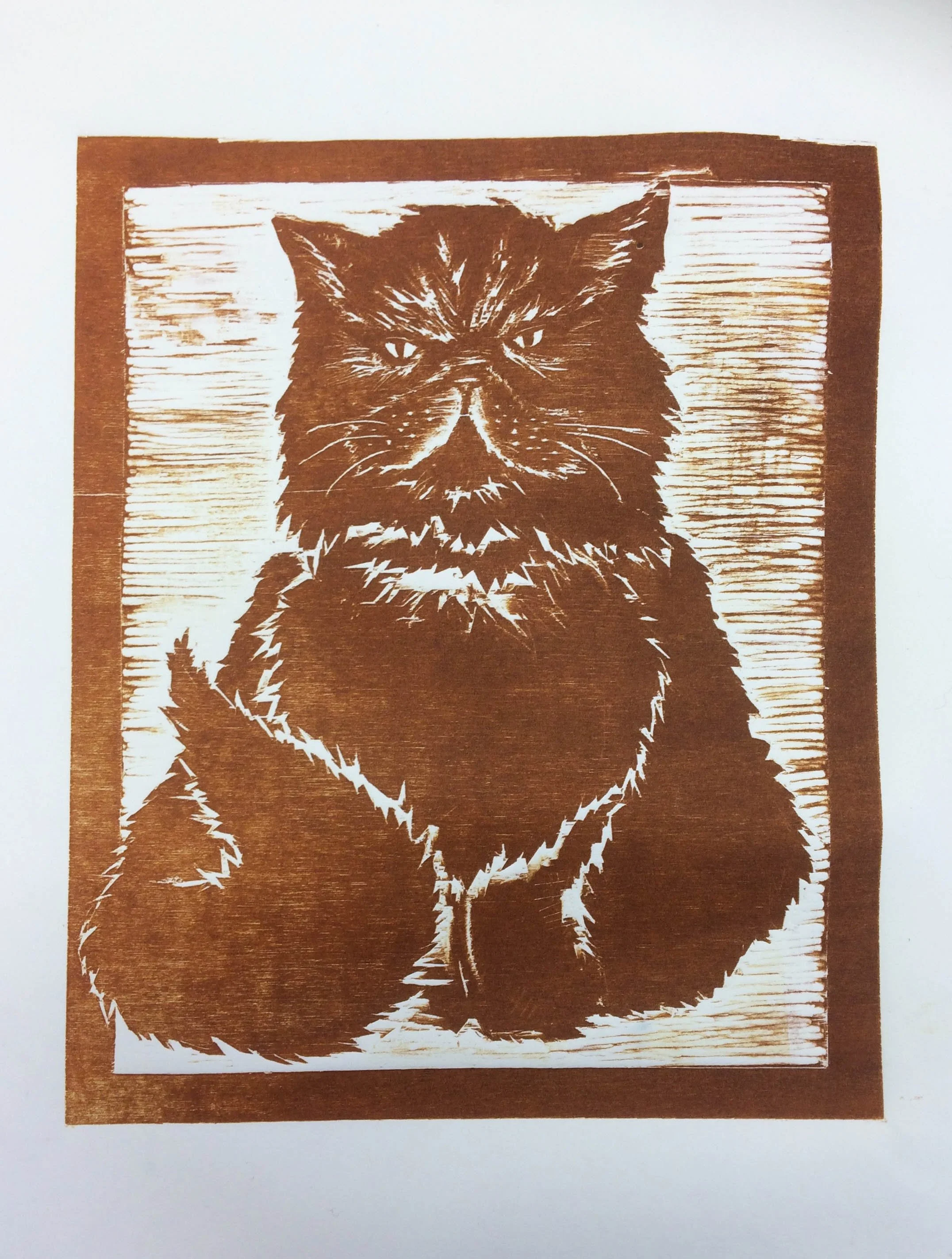 'Curmudgeon' woodcut print by Alix Gowan.

15'' x 20''